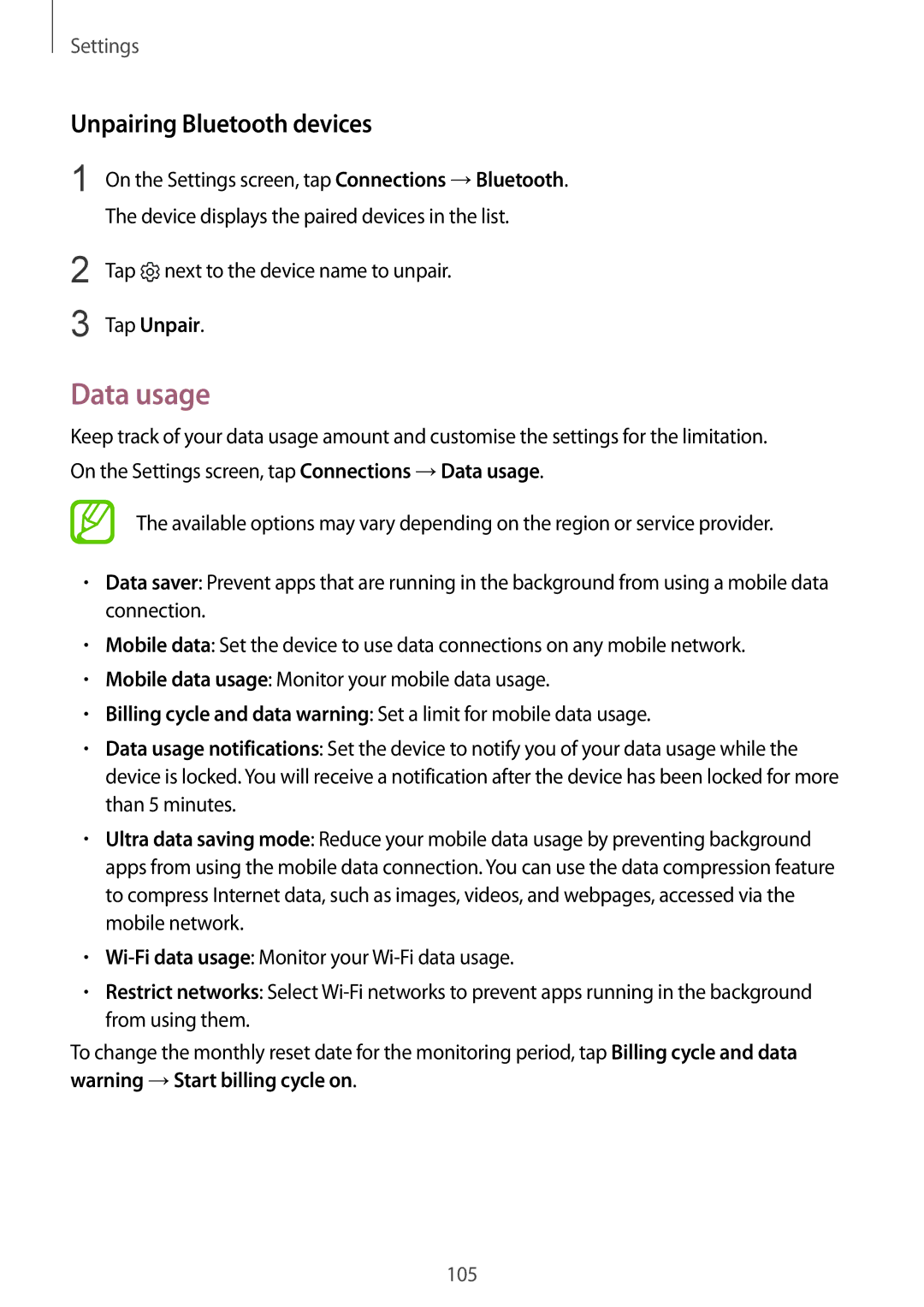 Samsung SM-G610FZKGKSA, SM-G570FZDDKSA, SM-G570FZKDKSA, SM-G610FZKDKSA Data usage, Unpairing Bluetooth devices, Tap Unpair 