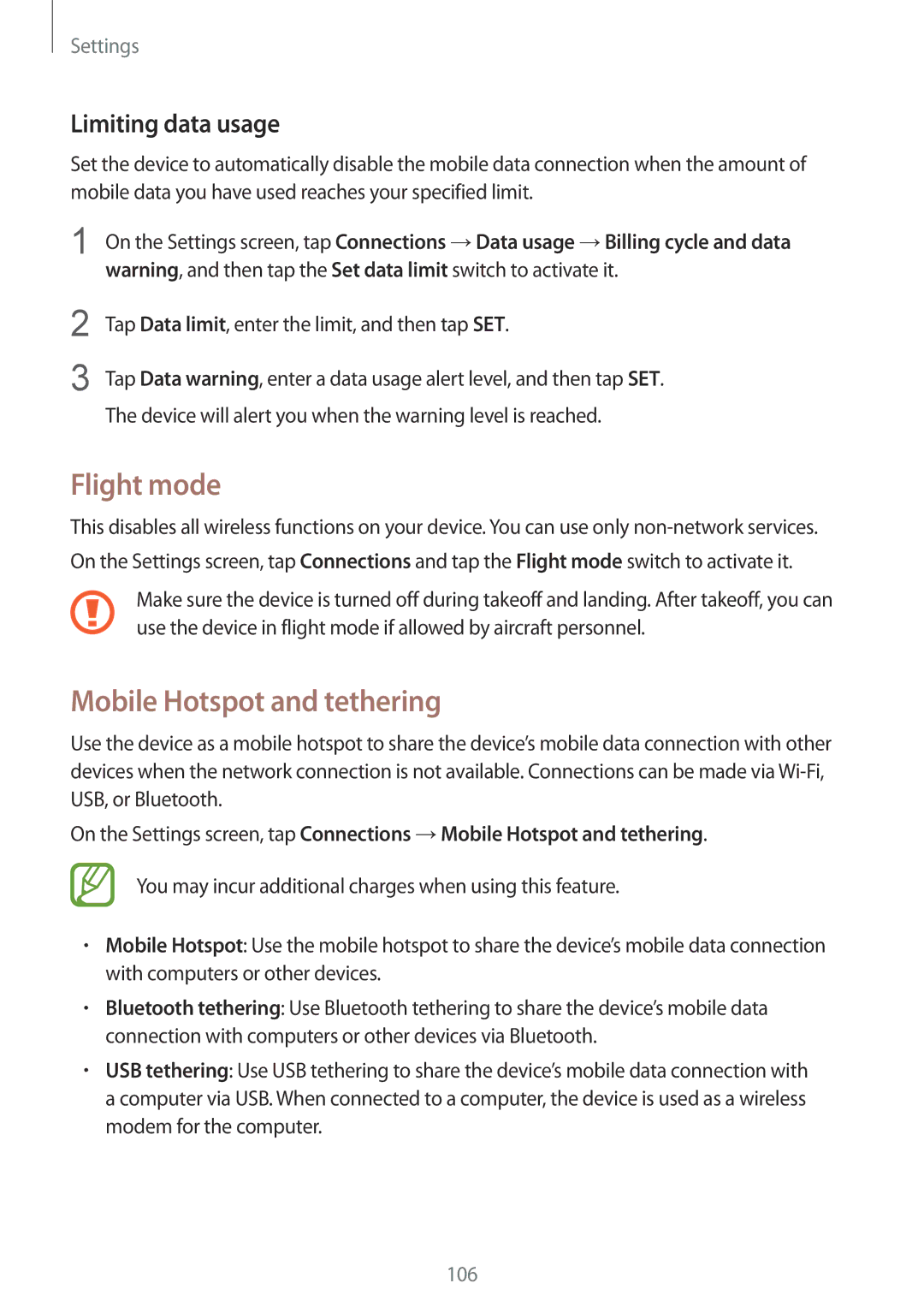 Samsung SM-G610FZDGKSA, SM-G570FZDDKSA, SM-G570FZKDKSA manual Flight mode, Mobile Hotspot and tethering, Limiting data usage 