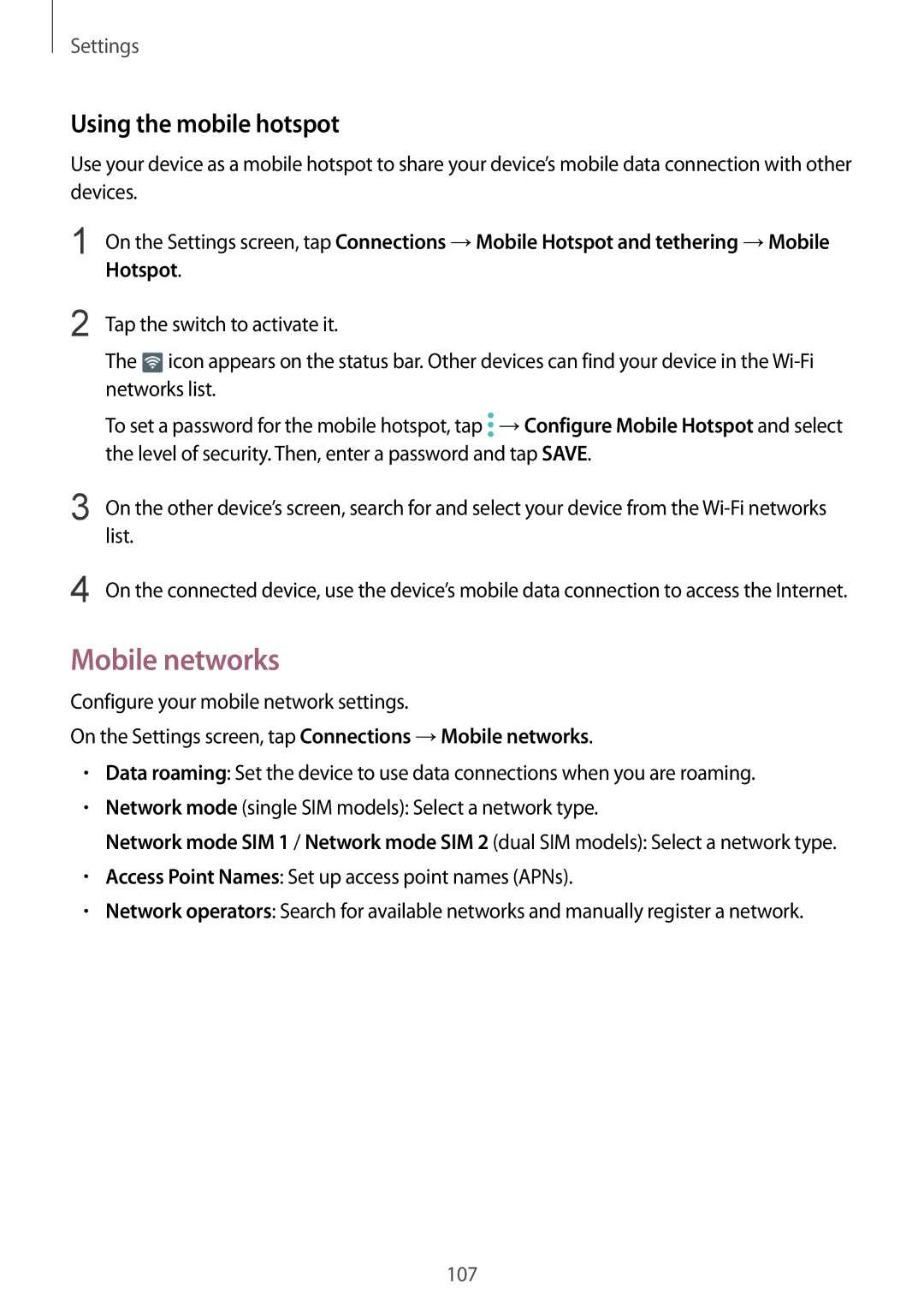 Samsung SM-G610FZDDKSA, SM-G570FZDDKSA, SM-G570FZKDKSA, SM-G610FZKDKSA manual Mobile networks, Using the mobile hotspot 