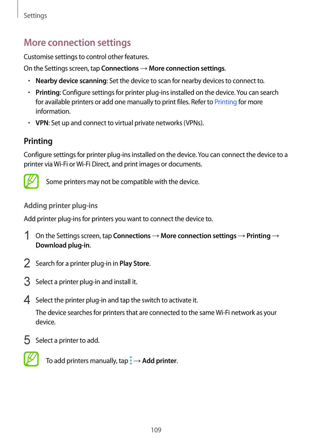 Samsung SM-G570YWDDXXV, SM-G570FZDDKSA, SM-G570FZKDKSA, SM-G610FZKDKSA, SM-G610FZKGKSA More connection settings, Printing 