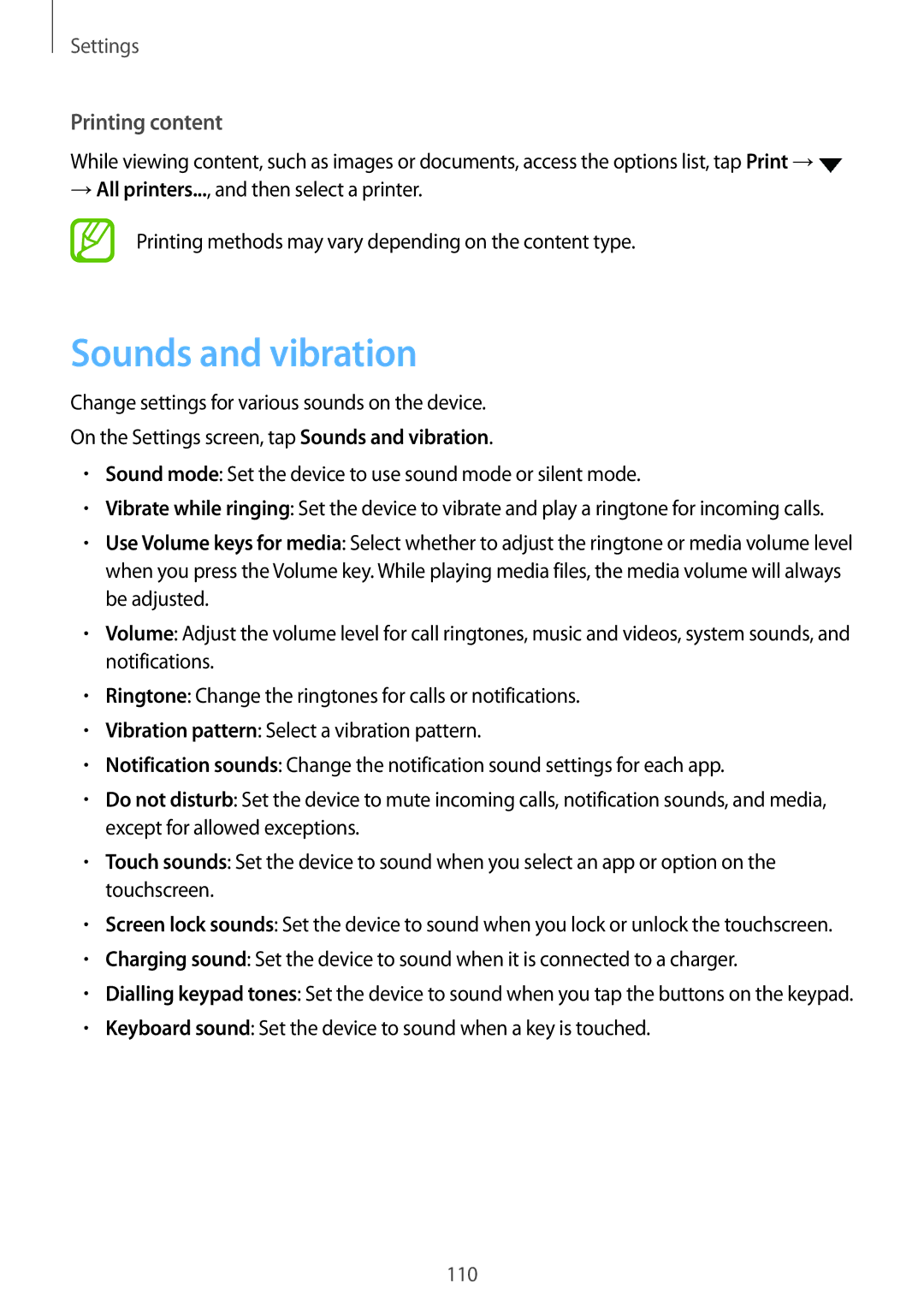 Samsung SM-G570YEDDXXV, SM-G570FZDDKSA, SM-G570FZKDKSA, SM-G610FZKDKSA, SM-G610FZKGKSA Sounds and vibration, Printing content 