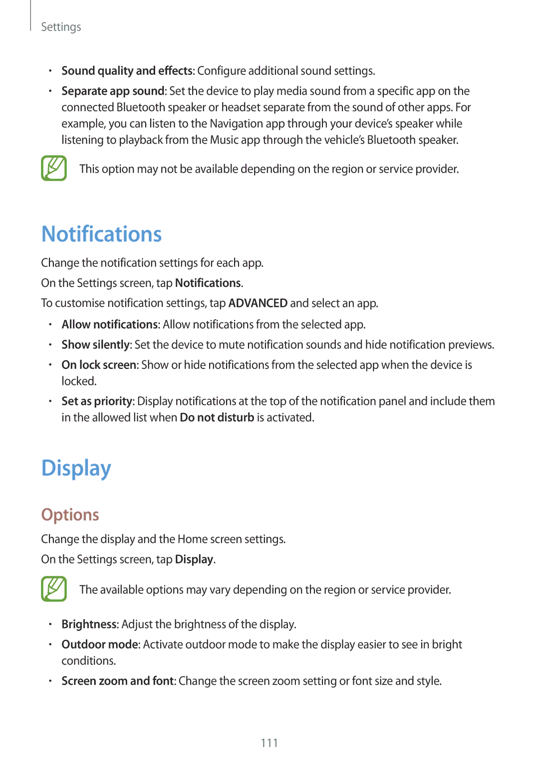 Samsung SM-G570YZKDXXV, SM-G570FZDDKSA, SM-G570FZKDKSA, SM-G610FZKDKSA, SM-G610FZKGKSA manual Notifications, Display, Options 