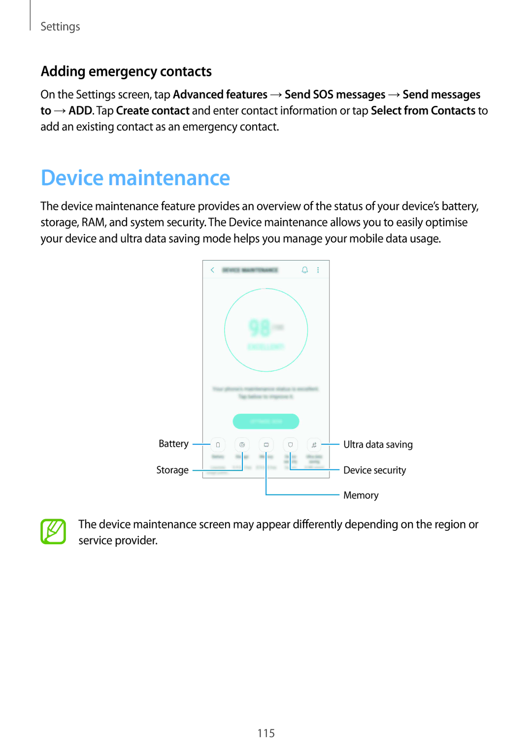 Samsung SM-G570FZKAILO, SM-G570FZDDKSA, SM-G570FZKDKSA, SM-G610FZKDKSA manual Device maintenance, Adding emergency contacts 