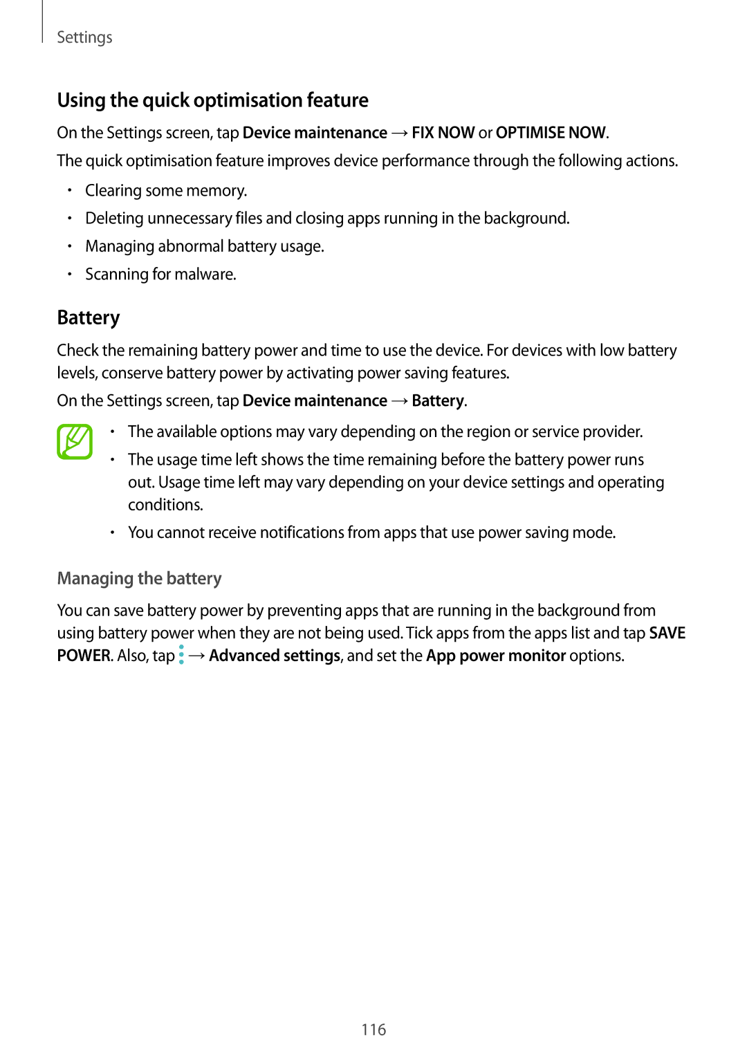 Samsung SM-G570FZDAILO, SM-G570FZDDKSA, SM-G570FZKDKSA, SM-G610FZKDKSA manual Using the quick optimisation feature, Battery 