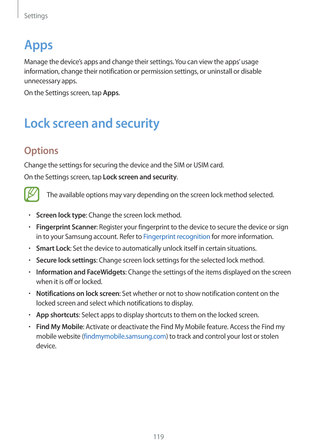 Samsung SM-G570FZDDKSA, SM-G570FZKDKSA, SM-G610FZKDKSA, SM-G610FZKGKSA, SM-G610FZDGKSA manual Apps, Lock screen and security 