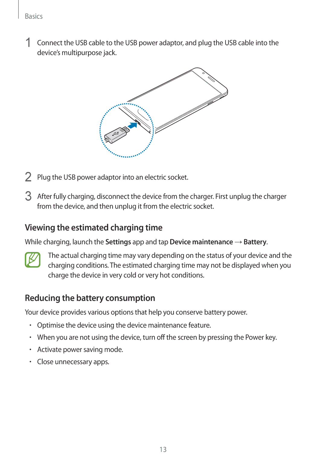 Samsung SM-G570FZKAILO, SM-G570FZDDKSA manual Viewing the estimated charging time, Reducing the battery consumption 