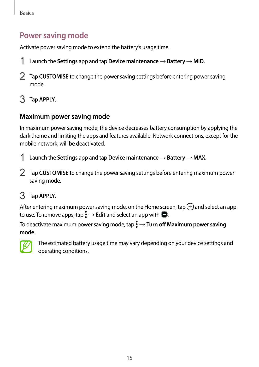 Samsung SM-G610FZKAILO, SM-G570FZDDKSA, SM-G570FZKDKSA, SM-G610FZKDKSA Power saving mode, Maximum power saving mode, Mode 