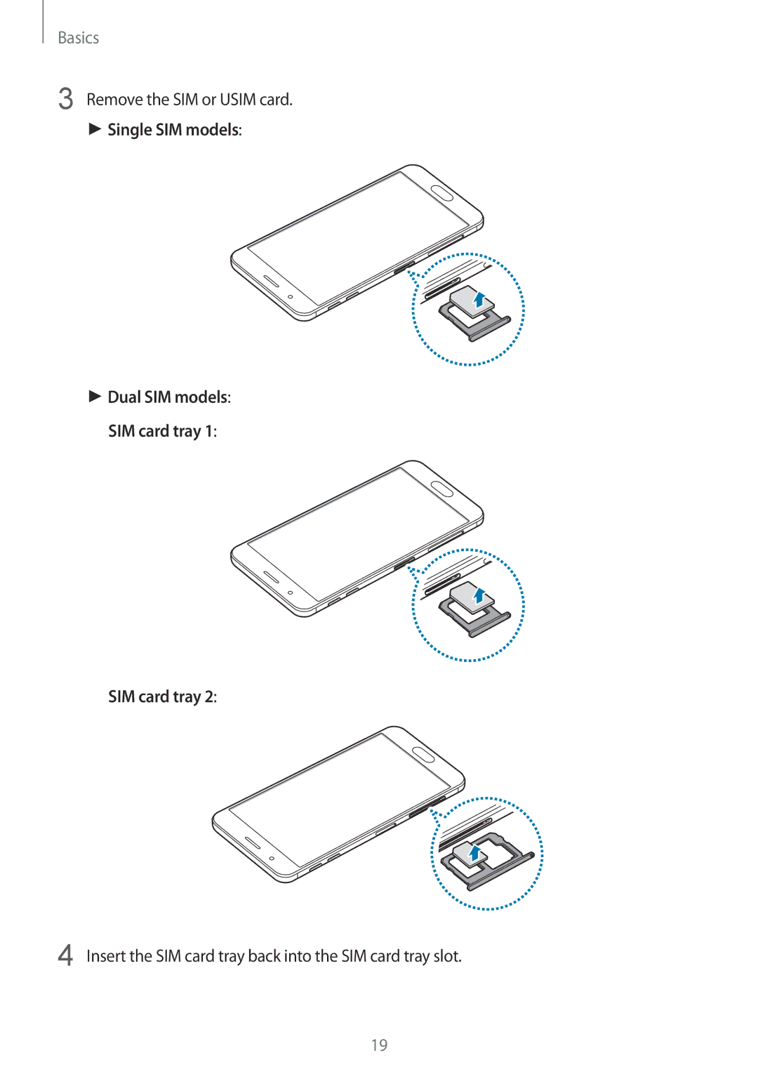 Samsung SM-G610FZKDKSA, SM-G570FZDDKSA, SM-G570FZKDKSA, SM-G610FZKGKSA, SM-G610FZDGKSA manual Remove the SIM or Usim card 