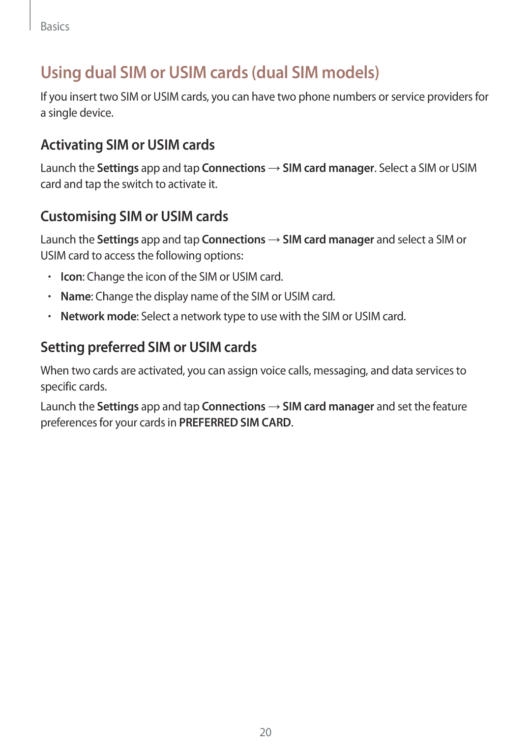 Samsung SM-G610FZKGKSA, SM-G570FZDDKSA manual Using dual SIM or Usim cards dual SIM models, Activating SIM or Usim cards 