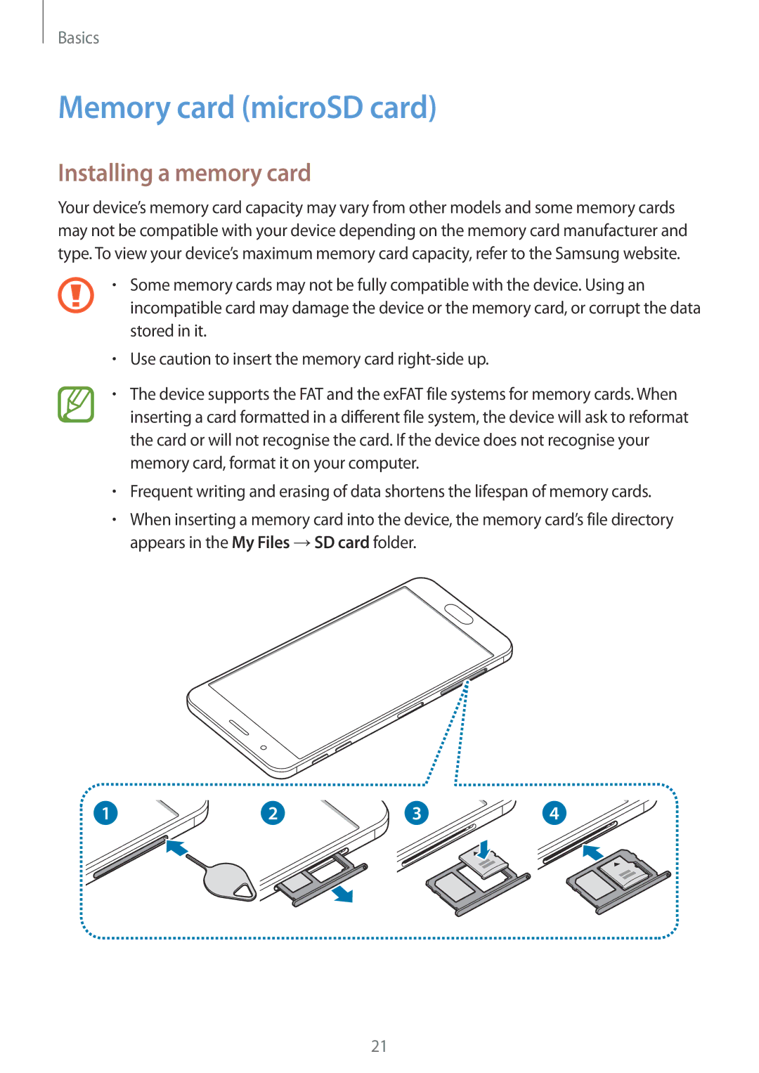 Samsung SM-G610FZDGKSA, SM-G570FZDDKSA, SM-G570FZKDKSA, SM-G610FZKDKSA Memory card microSD card, Installing a memory card 