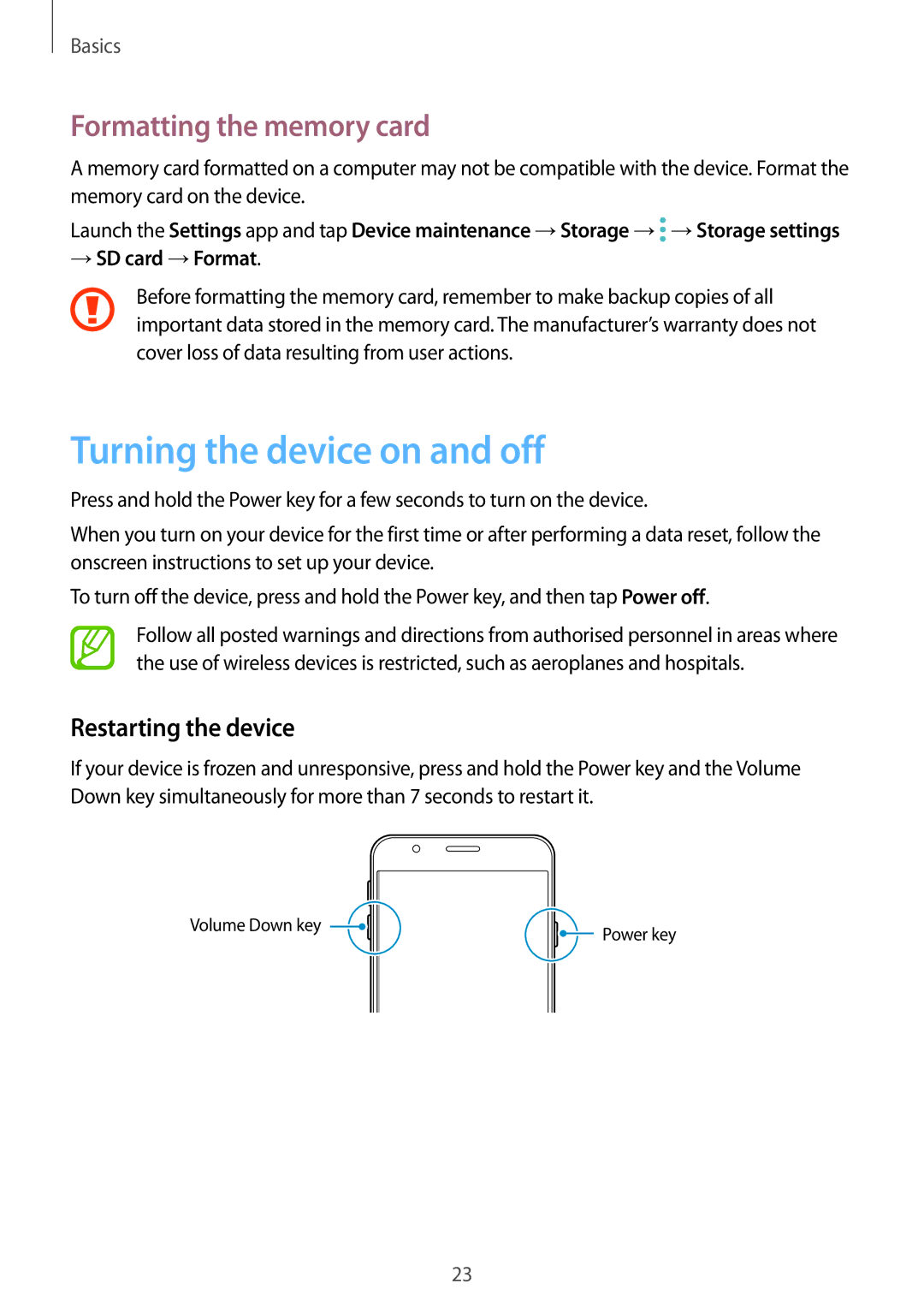 Samsung SM-G610FWDGXXV Turning the device on and off, Formatting the memory card, Restarting the device, → SD card →Format 