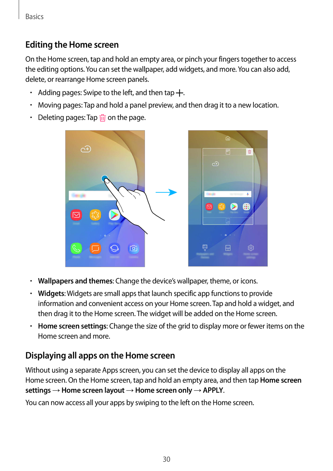 Samsung SM-G570FZKAILO, SM-G570FZDDKSA, SM-G570FZKDKSA manual Editing the Home screen, Displaying all apps on the Home screen 