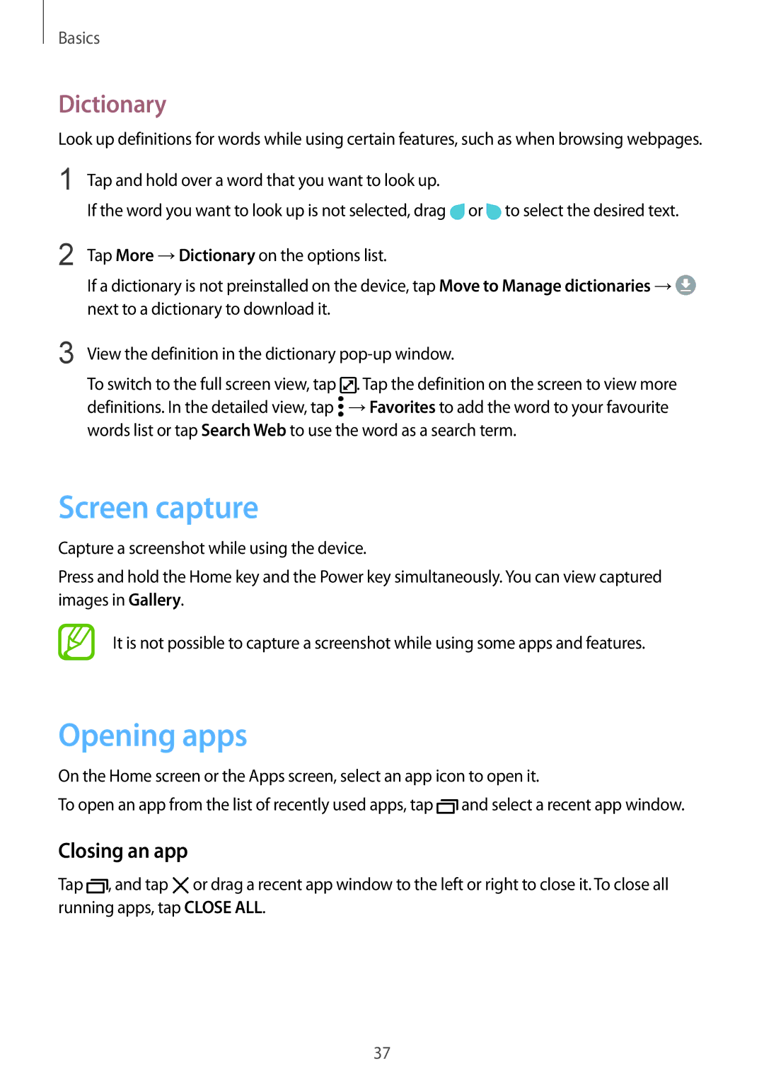 Samsung SM-G610FZKGKSA, SM-G570FZDDKSA, SM-G570FZKDKSA manual Screen capture, Opening apps, Dictionary, Closing an app 