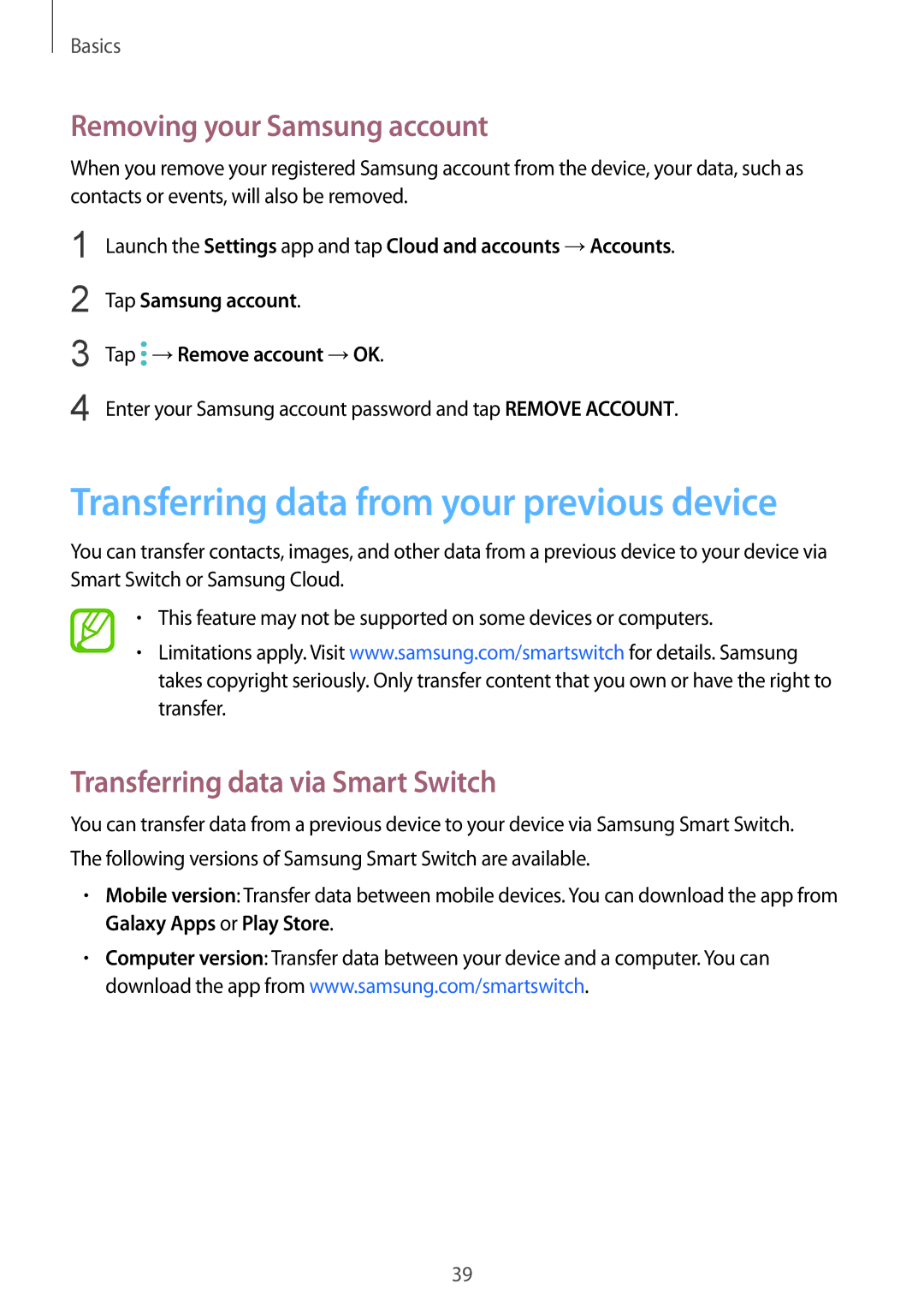 Samsung SM-G610FZDDKSA Transferring data from your previous device, Removing your Samsung account, Tap Samsung account 