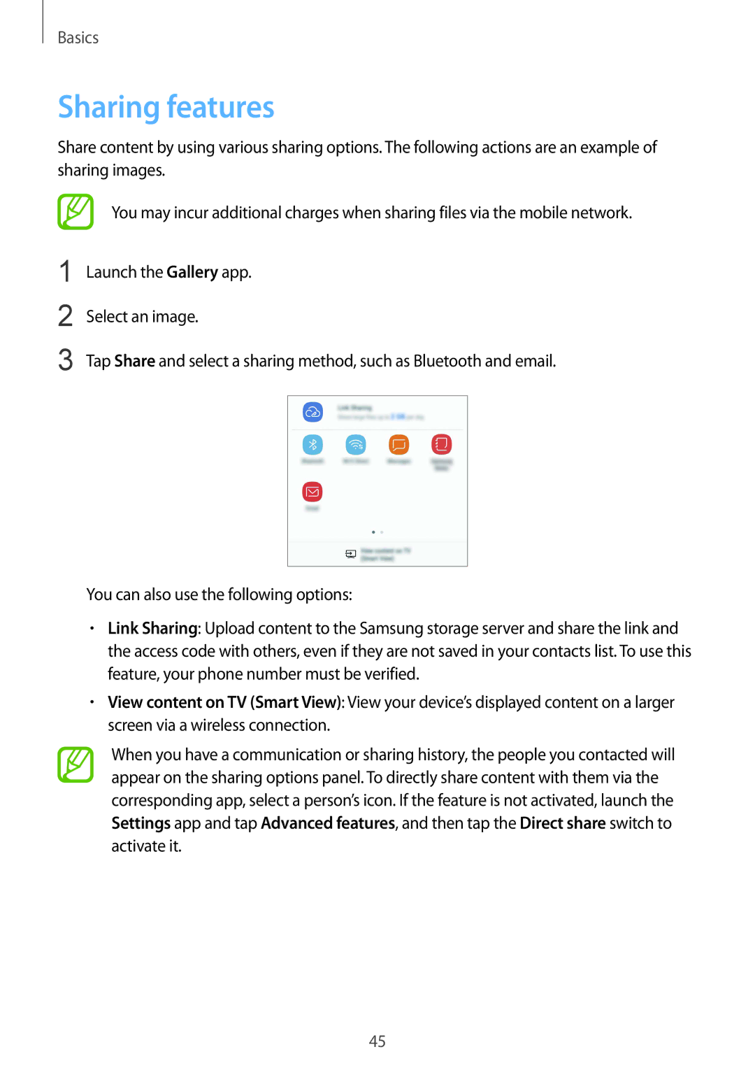 Samsung SM-G610FEDGXXV, SM-G570FZDDKSA, SM-G570FZKDKSA, SM-G610FZKDKSA, SM-G610FZKGKSA, SM-G610FZDGKSA manual Sharing features 