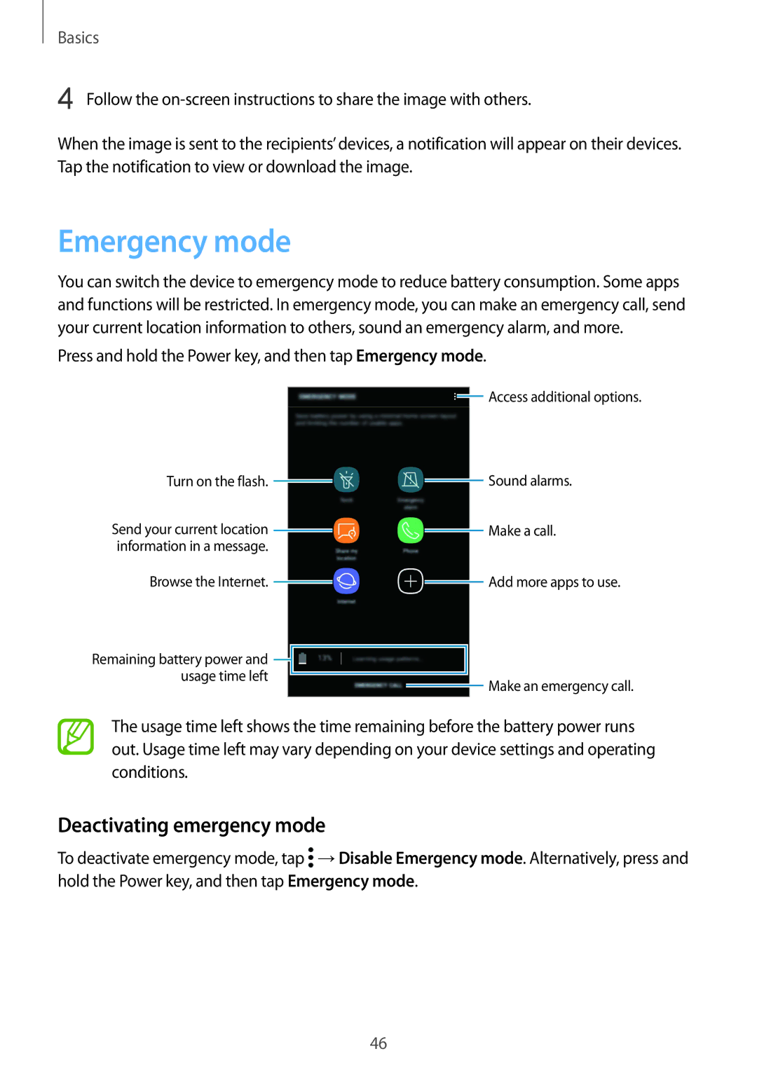 Samsung SM-G610FZKGXXV, SM-G570FZDDKSA, SM-G570FZKDKSA, SM-G610FZKDKSA manual Emergency mode, Deactivating emergency mode 