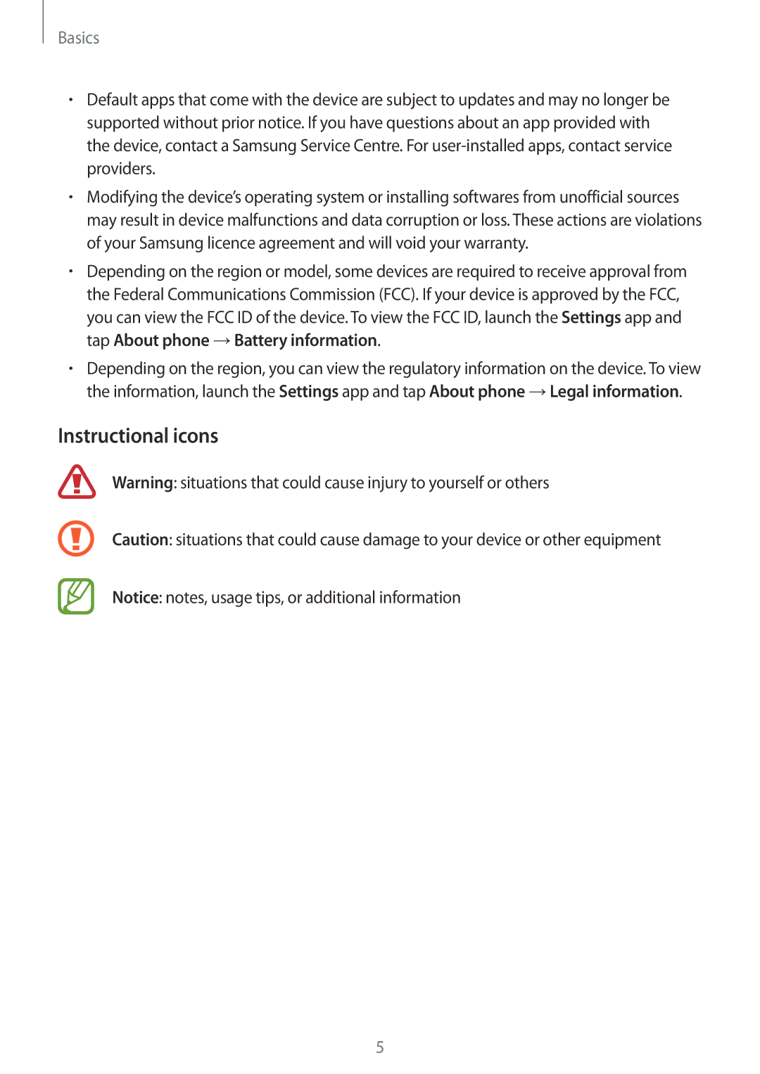 Samsung SM-G610FZDDKSA, SM-G570FZDDKSA, SM-G570FZKDKSA, SM-G610FZKDKSA, SM-G610FZKGKSA manual Instructional icons, Basics 