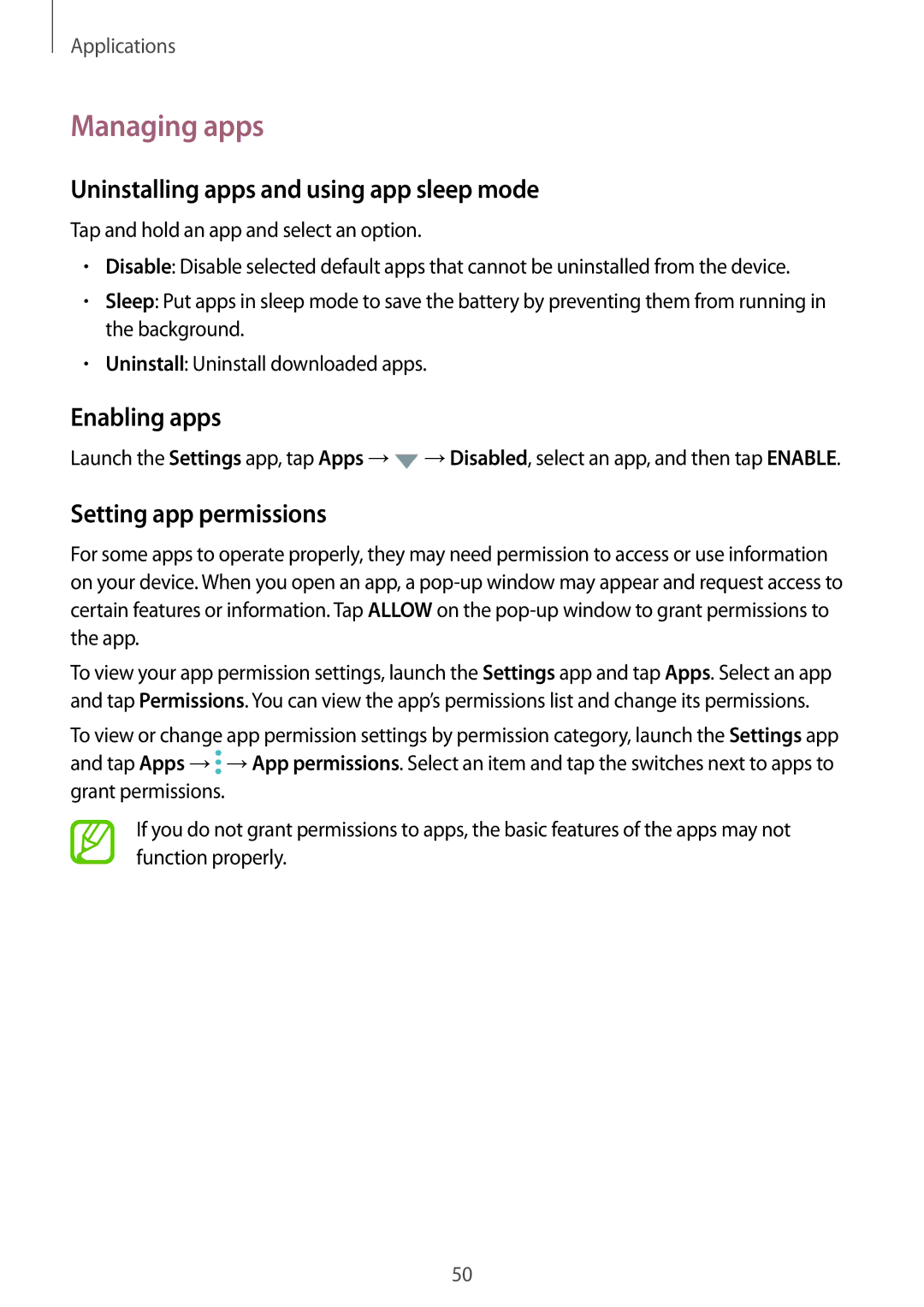 Samsung SM-G610FZDAILO Managing apps, Uninstalling apps and using app sleep mode, Enabling apps, Setting app permissions 