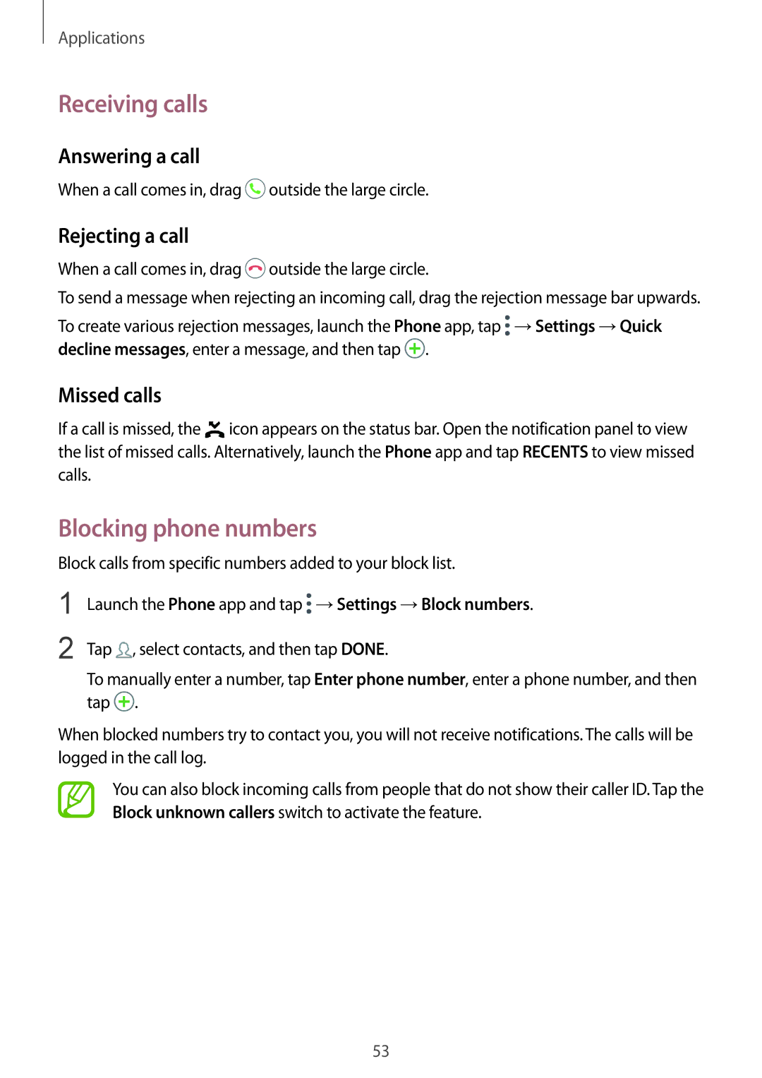 Samsung SM-G610FZKDKSA manual Receiving calls, Blocking phone numbers, Answering a call, Rejecting a call, Missed calls 