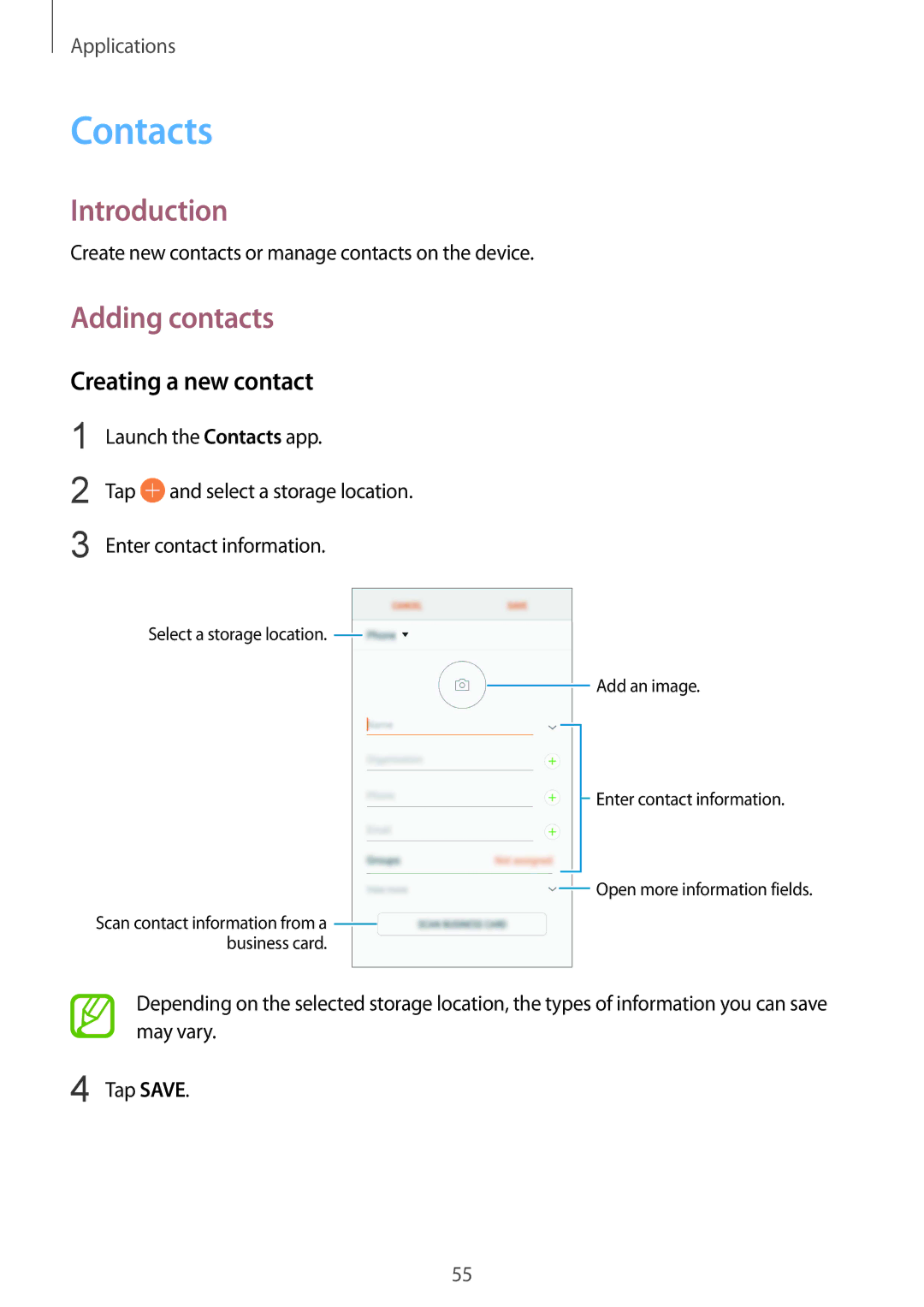 Samsung SM-G610FZDGKSA, SM-G570FZDDKSA, SM-G570FZKDKSA, SM-G610FZKDKSA Contacts, Adding contacts, Creating a new contact 