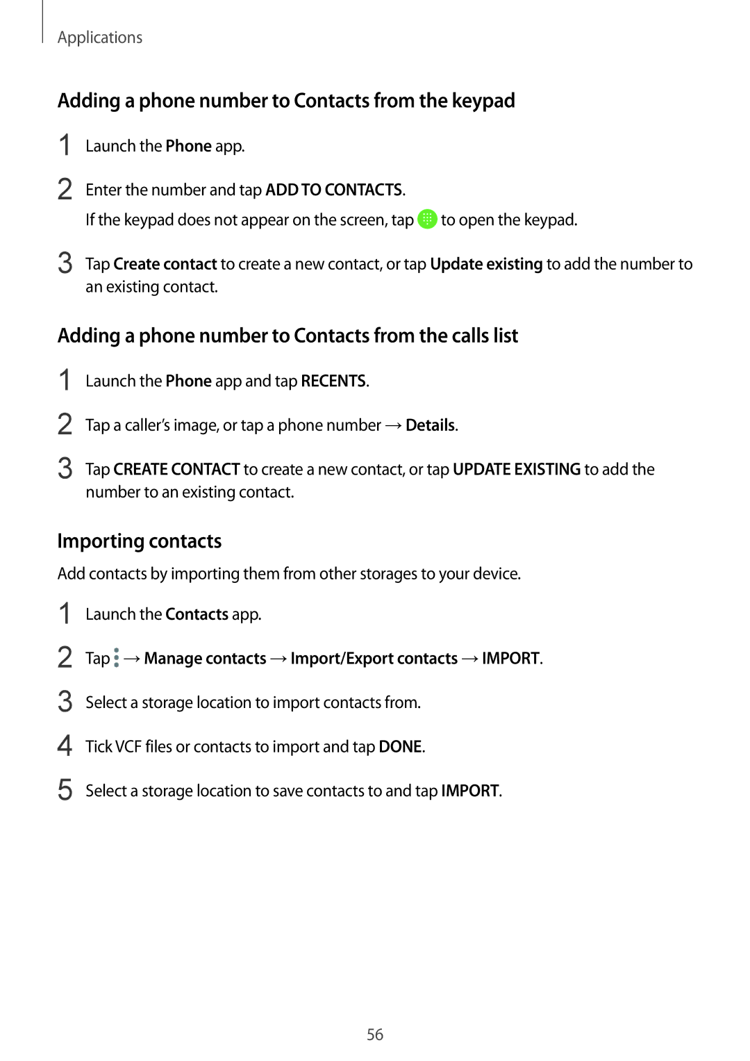 Samsung SM-G610FZDDKSA, SM-G570FZDDKSA manual Adding a phone number to Contacts from the keypad, Importing contacts 