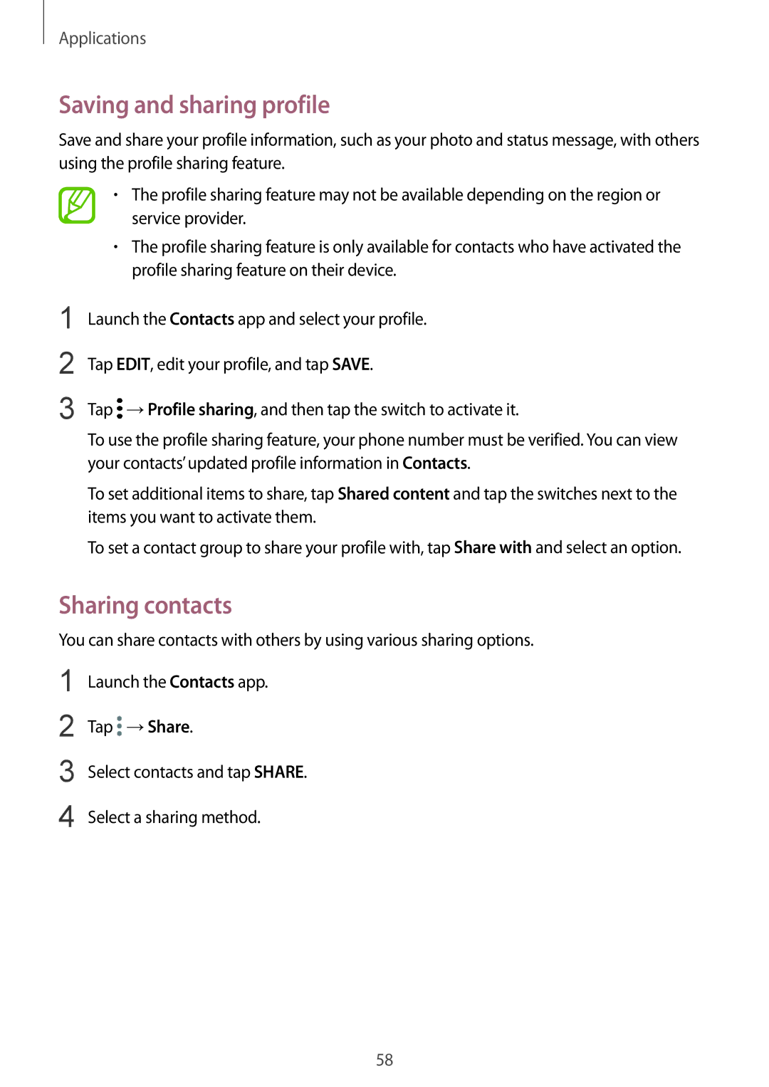 Samsung SM-G570YWDDXXV, SM-G570FZDDKSA, SM-G570FZKDKSA, SM-G610FZKDKSA manual Saving and sharing profile, Sharing contacts 