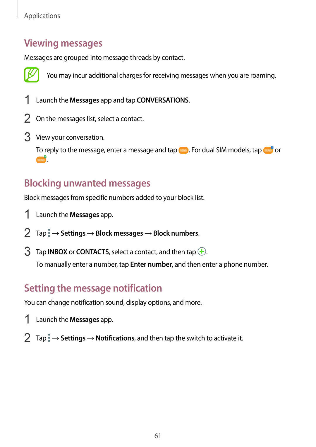 Samsung SM-G610FZSGXXV, SM-G570FZDDKSA manual Viewing messages, Blocking unwanted messages, Setting the message notification 