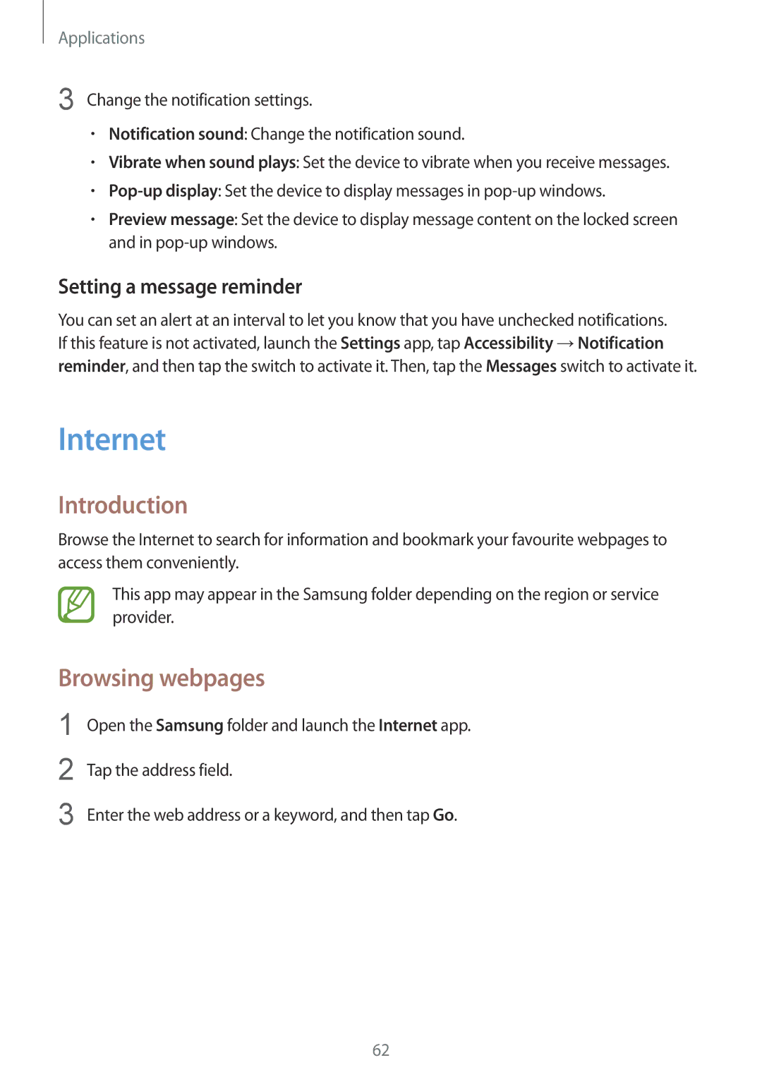 Samsung SM-G610FEDGXXV, SM-G570FZDDKSA, SM-G570FZKDKSA manual Internet, Browsing webpages, Setting a message reminder 