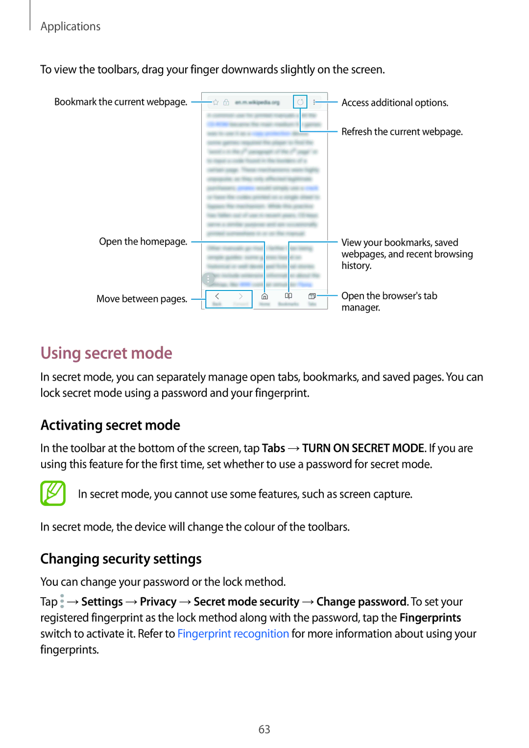 Samsung SM-G610FZKGXXV, SM-G570FZDDKSA manual Using secret mode, Activating secret mode, Changing security settings 