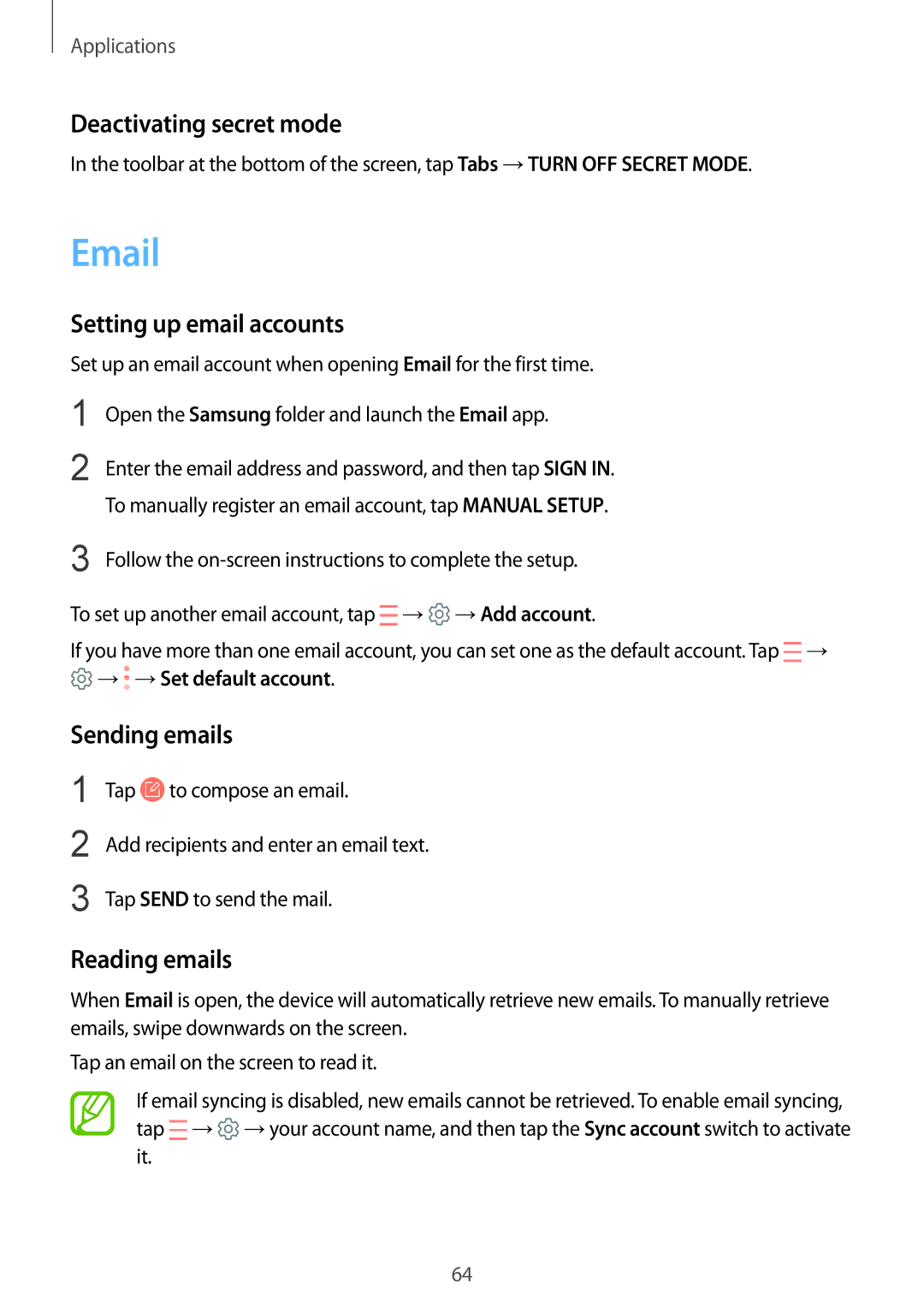 Samsung SM-G570FZKAILO, SM-G570FZDDKSA Deactivating secret mode, Setting up email accounts, Sending emails, Reading emails 