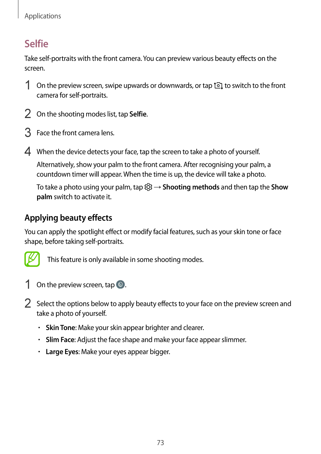 Samsung SM-G610FZDDKSA, SM-G570FZDDKSA, SM-G570FZKDKSA, SM-G610FZKDKSA, SM-G610FZKGKSA manual Selfie, Applying beauty effects 