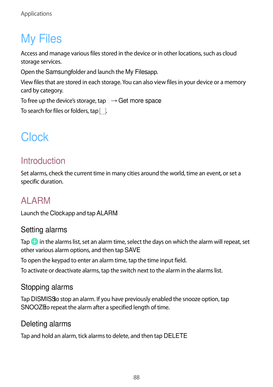 Samsung SM-G610FZKGKSA, SM-G570FZDDKSA, SM-G570FZKDKSA My Files, Clock, Setting alarms, Stopping alarms, Deleting alarms 