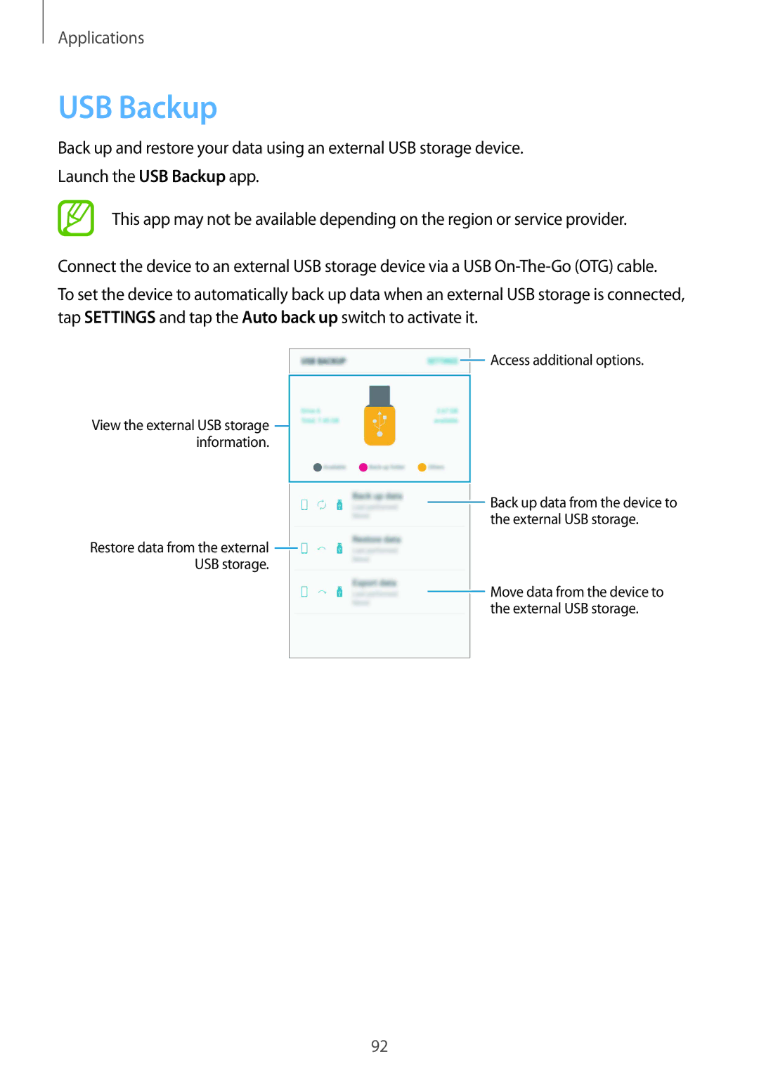 Samsung SM-G570YWDDXXV, SM-G570FZDDKSA, SM-G570FZKDKSA, SM-G610FZKDKSA, SM-G610FZKGKSA, SM-G610FZDGKSA manual USB Backup 