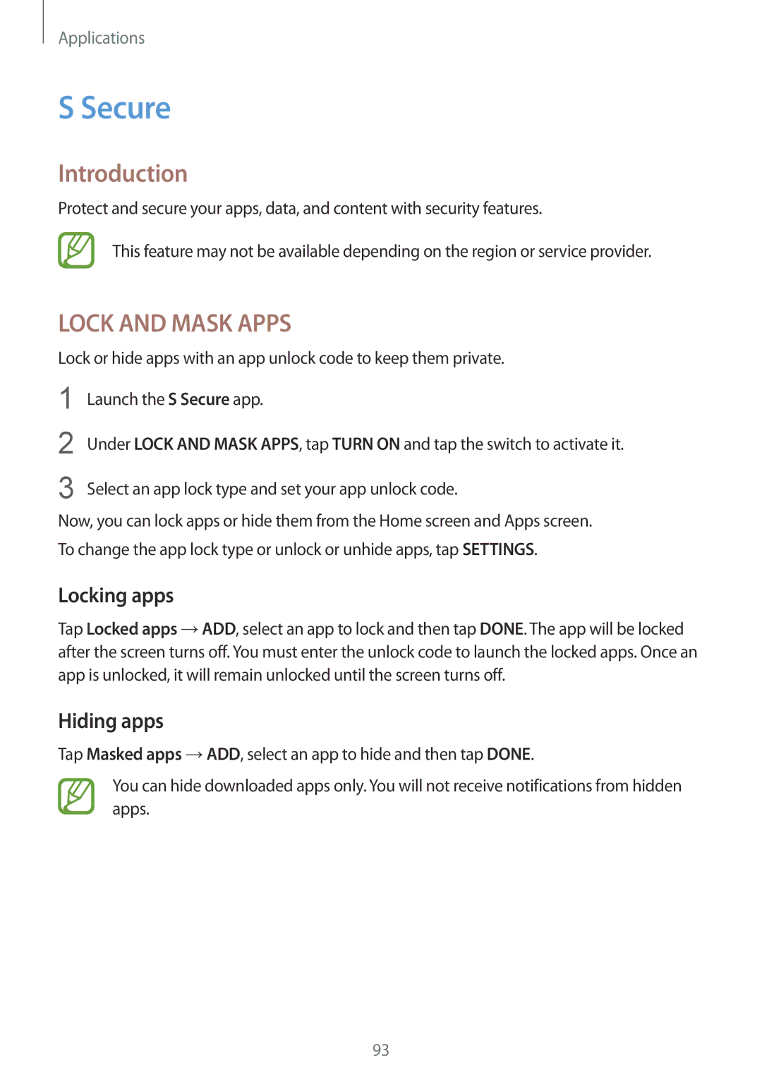 Samsung SM-G570YEDDXXV, SM-G570FZDDKSA, SM-G570FZKDKSA, SM-G610FZKDKSA, SM-G610FZKGKSA manual Secure, Locking apps, Hiding apps 