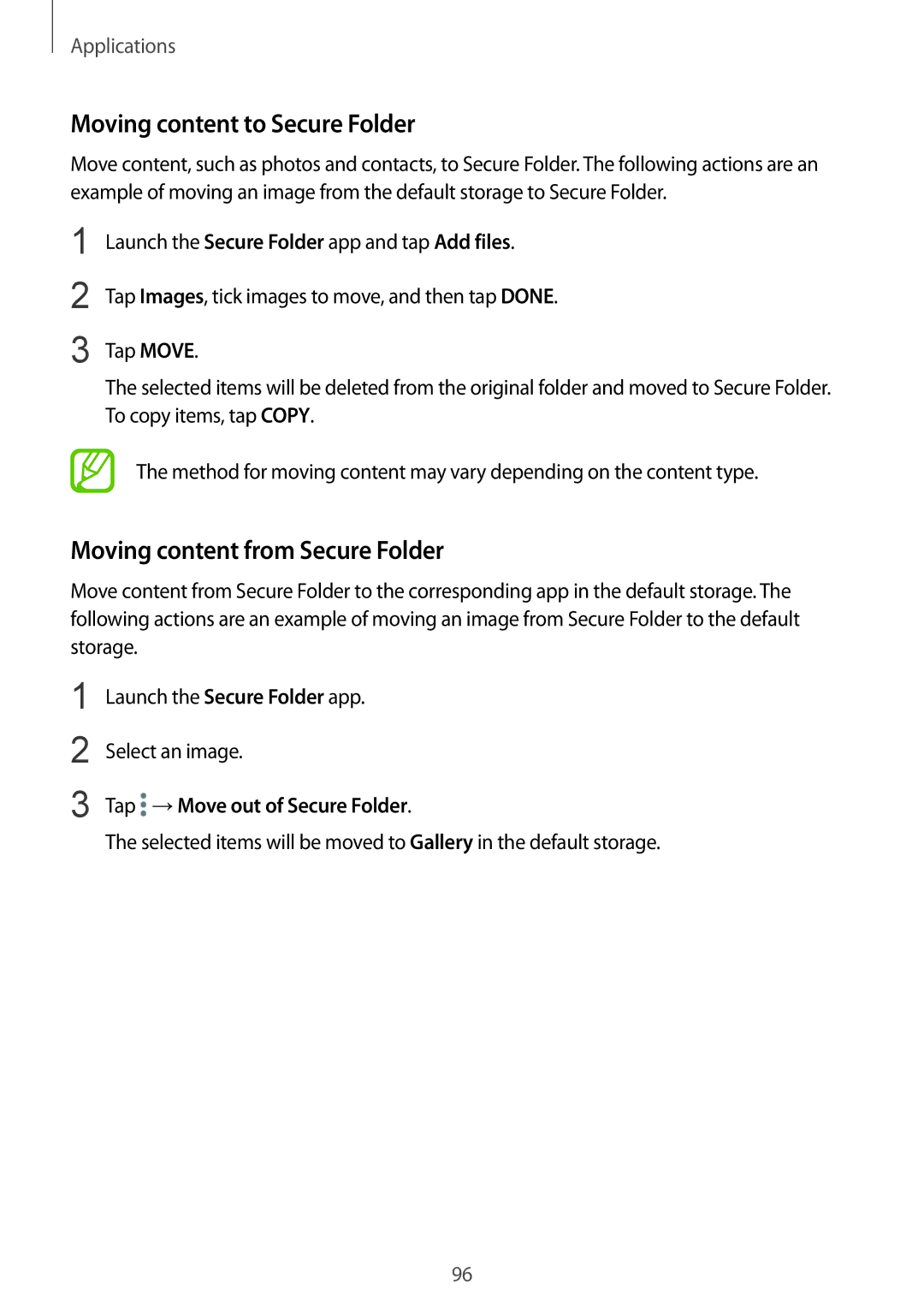 Samsung SM-G610FEDGXXV Moving content to Secure Folder, Moving content from Secure Folder, Tap →Move out of Secure Folder 