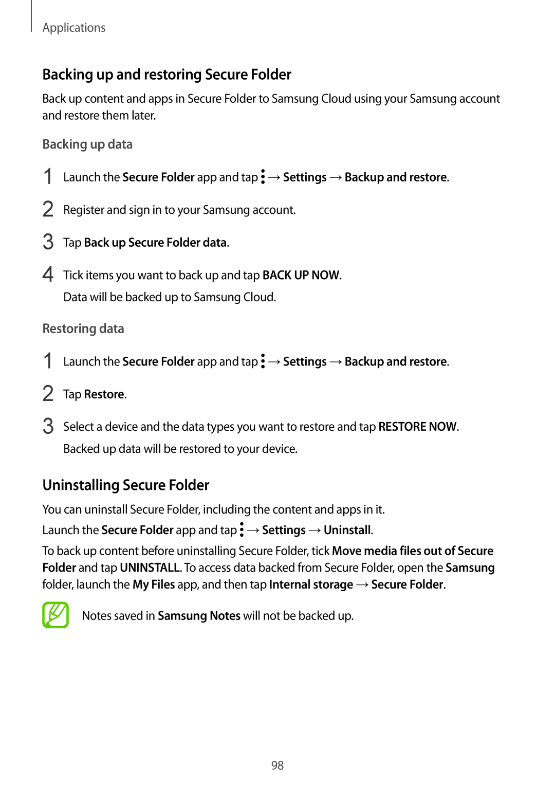 Samsung SM-G570FZKAILO Backing up and restoring Secure Folder, Uninstalling Secure Folder, Tap Back up Secure Folder data 