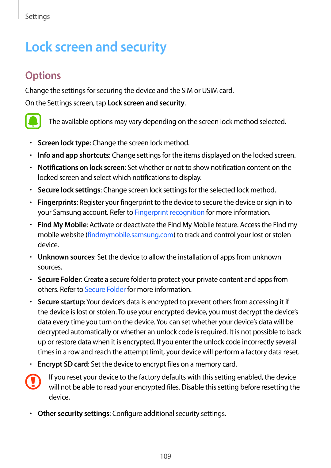 Samsung SM-G570YWDDXXV, SM-G570FZDDKSA, SM-G570FZKDKSA, SM-G610FZKDKSA, SM-G610FZKGKSA manual Lock screen and security, Options 