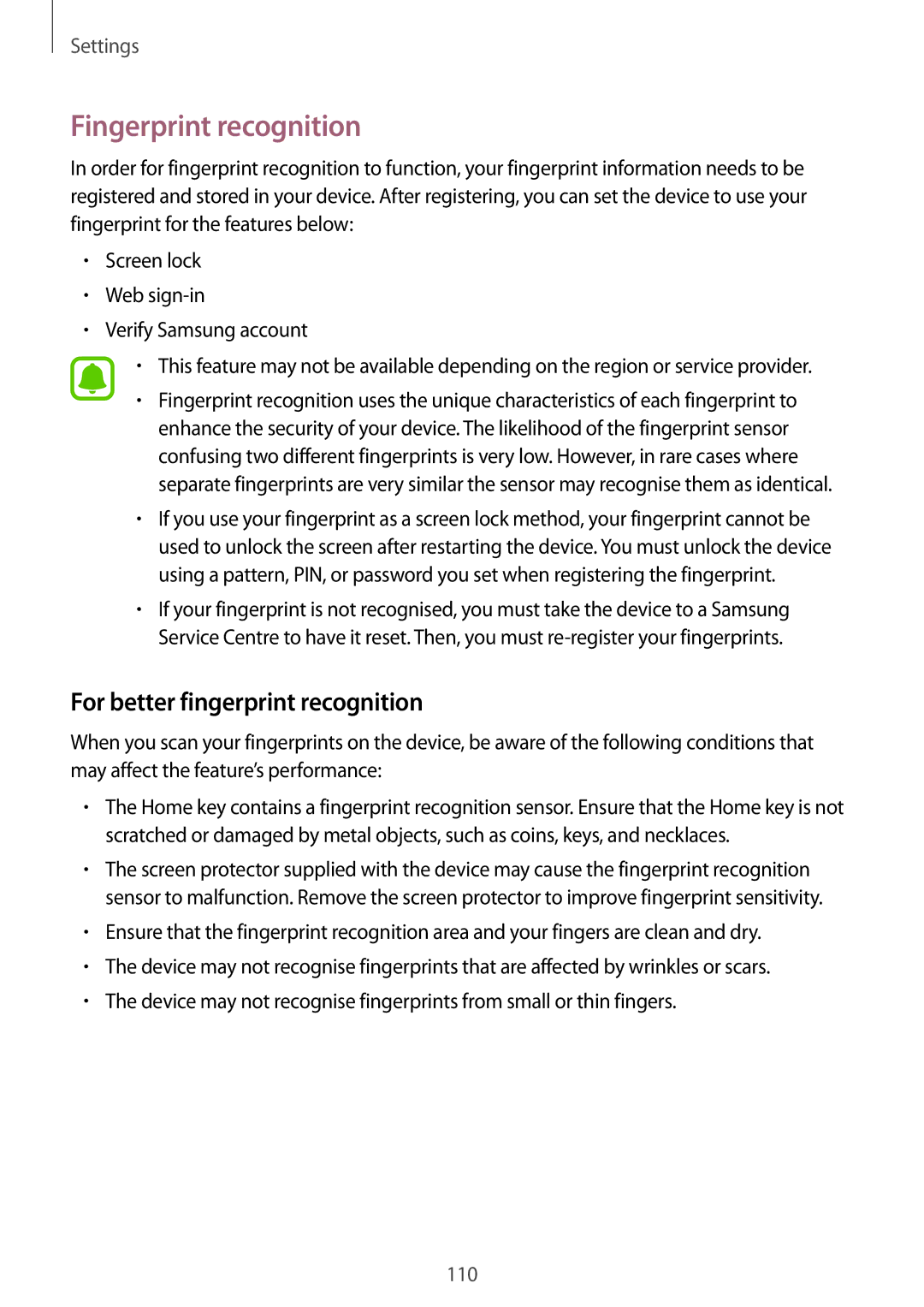 Samsung SM-G570YEDDXXV, SM-G570FZDDKSA, SM-G570FZKDKSA manual Fingerprint recognition, For better fingerprint recognition 