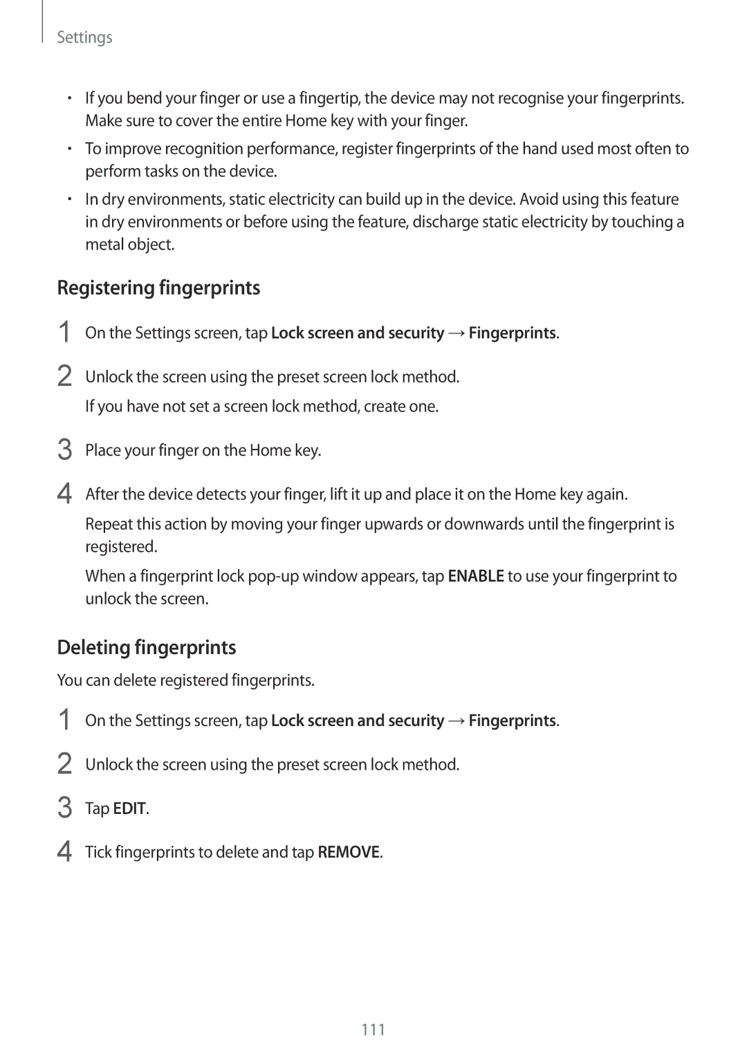 Samsung SM-G570YZKDXXV, SM-G570FZDDKSA, SM-G570FZKDKSA, SM-G610FZKDKSA manual Registering fingerprints, Deleting fingerprints 