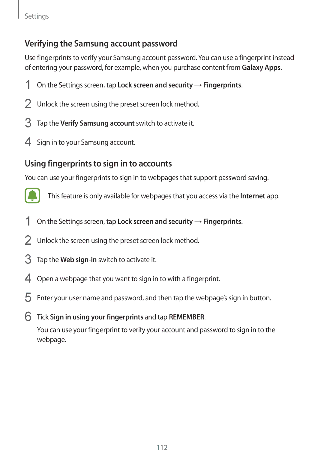 Samsung SM-G610FZSGXXV, SM-G570FZDDKSA Verifying the Samsung account password, Using fingerprints to sign in to accounts 