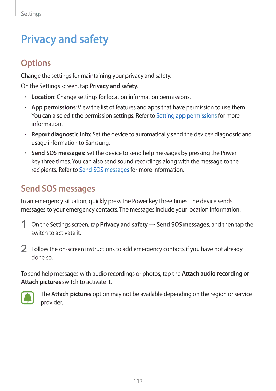 Samsung SM-G610FEDGXXV, SM-G570FZDDKSA, SM-G570FZKDKSA, SM-G610FZKDKSA, SM-G610FZKGKSA Privacy and safety, Send SOS messages 