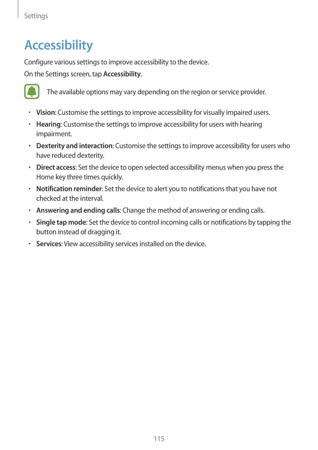 Samsung SM-G570FZKAILO, SM-G570FZDDKSA, SM-G570FZKDKSA, SM-G610FZKDKSA, SM-G610FZKGKSA, SM-G610FZDGKSA manual Accessibility 