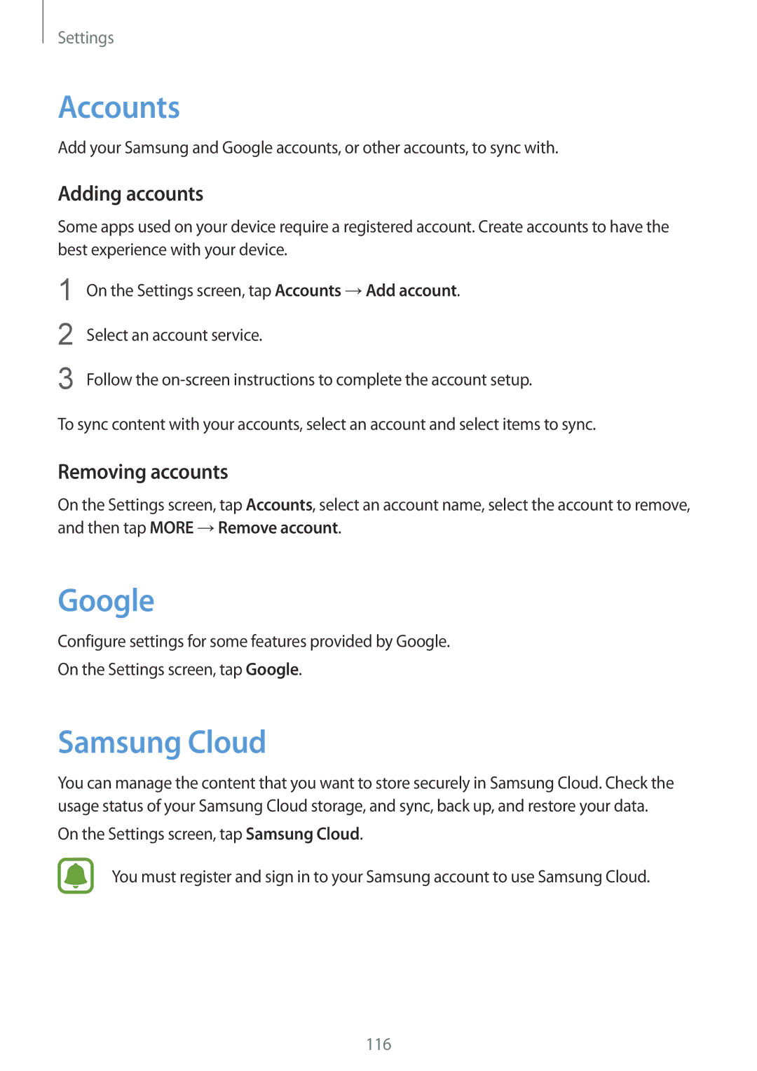 Samsung SM-G570FZDAILO, SM-G570FZDDKSA, SM-G570FZKDKSA, SM-G610FZKDKSA Accounts, Google, Samsung Cloud, Removing accounts 