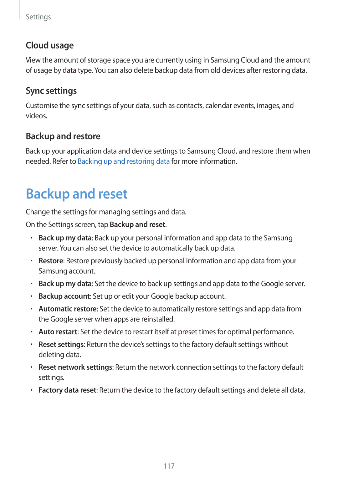 Samsung SM-G610FZKAILO, SM-G570FZDDKSA, SM-G570FZKDKSA Backup and reset, Cloud usage, Sync settings, Backup and restore 