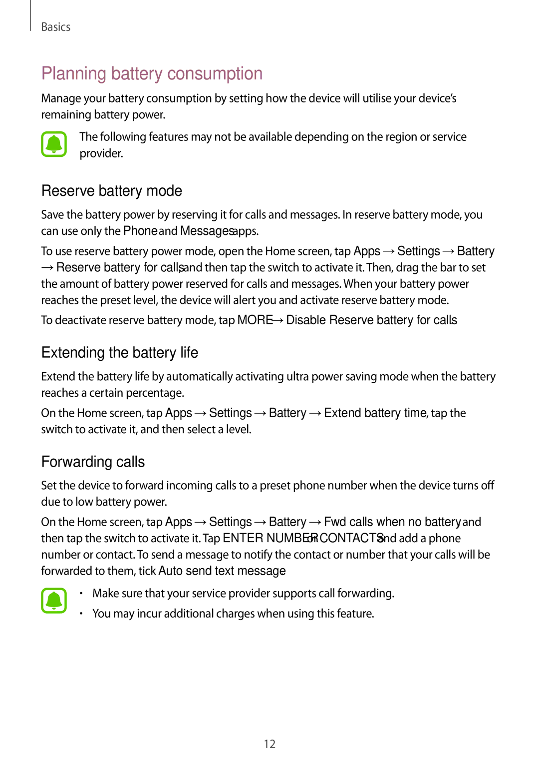 Samsung SM-G610FZKGXXV Planning battery consumption, Reserve battery mode, Extending the battery life, Forwarding calls 