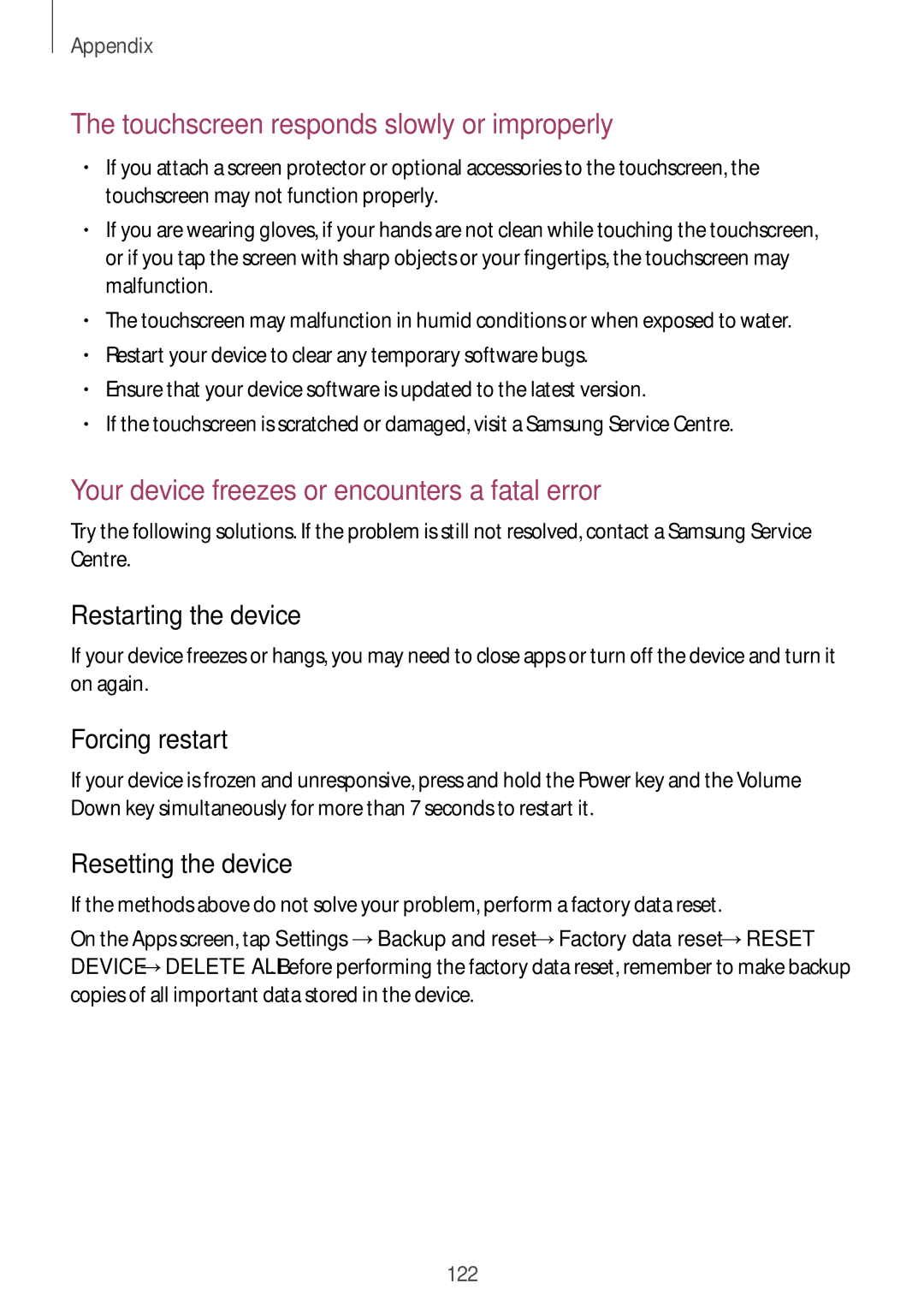 Samsung SM-G610FZKGKSA, SM-G570FZDDKSA, SM-G570FZKDKSA, SM-G610FZKDKSA, SM-G610FZDGKSA Forcing restart, Resetting the device 