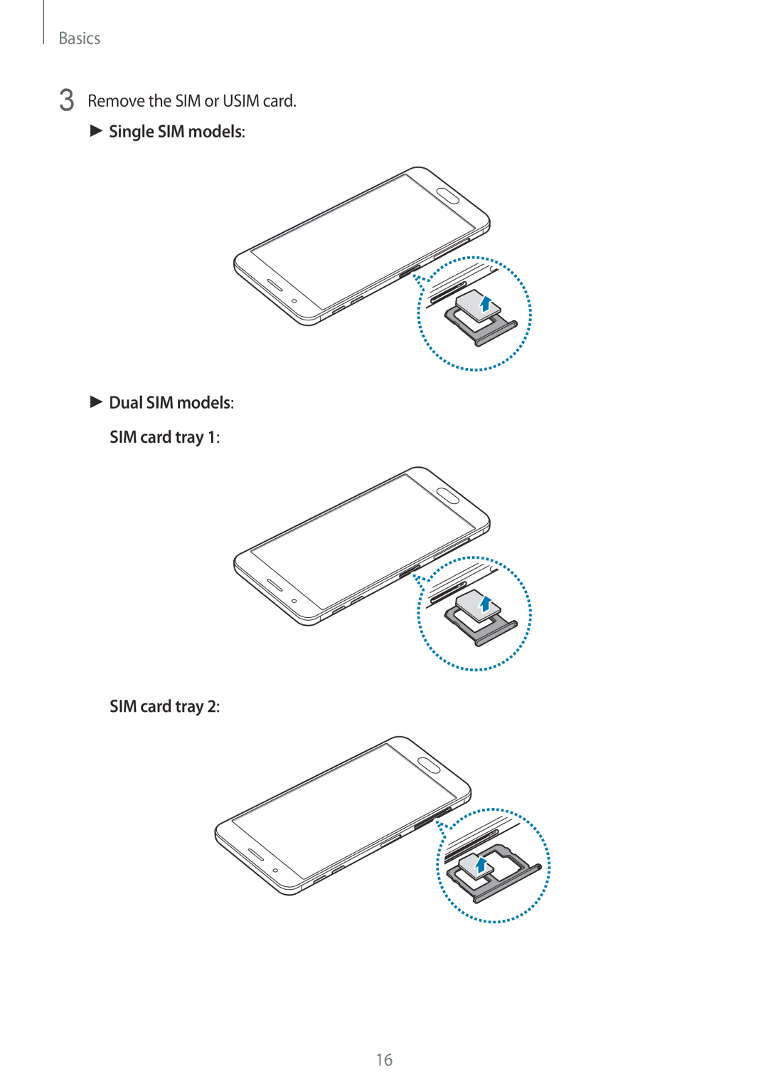 Samsung SM-G610FZDAILO, SM-G570FZDDKSA, SM-G570FZKDKSA, SM-G610FZKDKSA, SM-G610FZKGKSA manual Remove the SIM or Usim card 