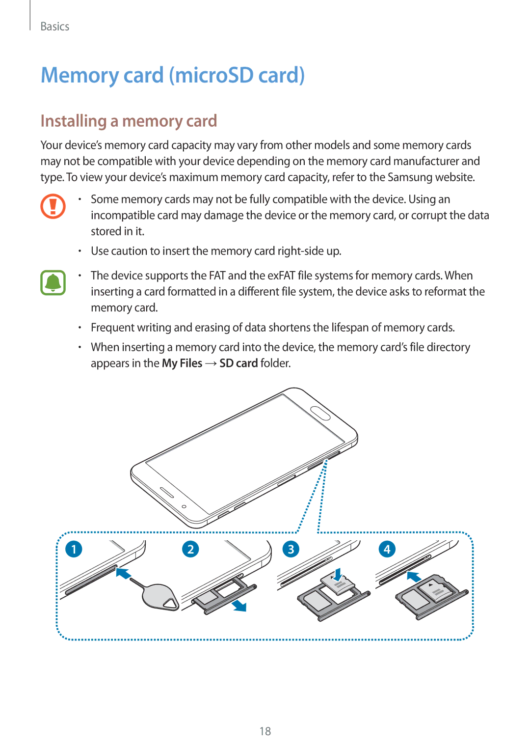 Samsung SM-G570FZKDKSA, SM-G570FZDDKSA, SM-G610FZKDKSA, SM-G610FZKGKSA Memory card microSD card, Installing a memory card 