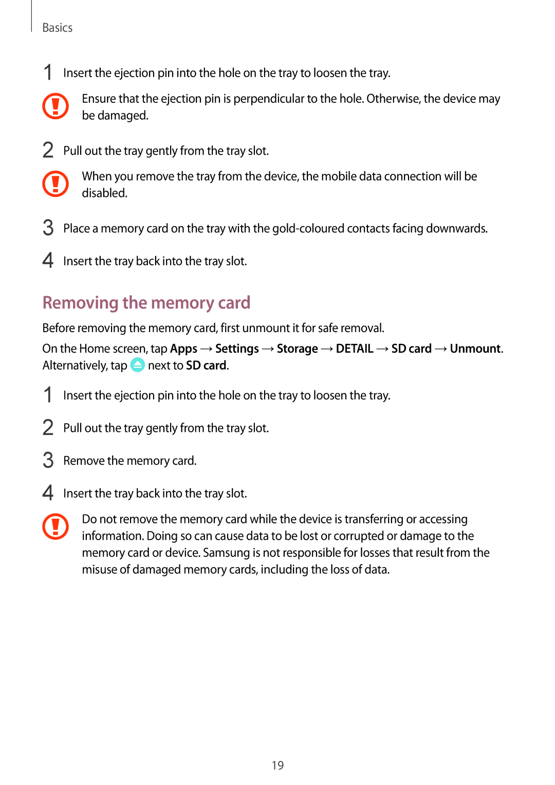 Samsung SM-G610FZKDKSA, SM-G570FZDDKSA, SM-G570FZKDKSA, SM-G610FZKGKSA, SM-G610FZDGKSA manual Removing the memory card 