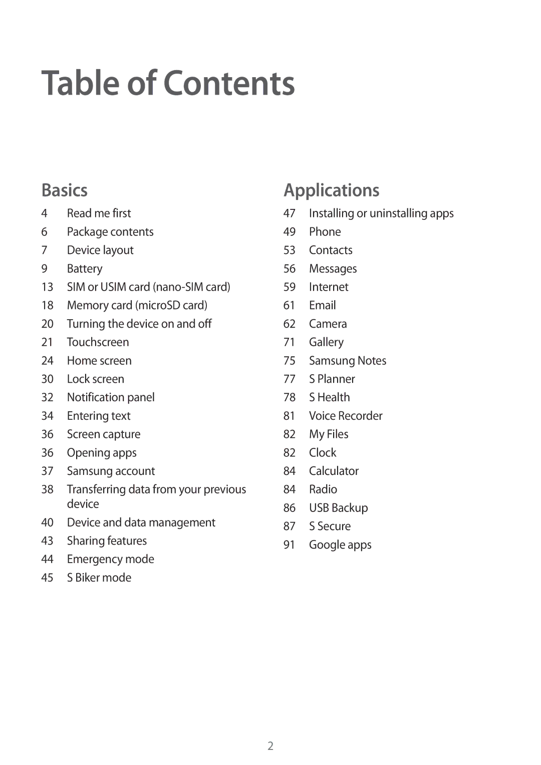 Samsung SM-G610FZKDKSA, SM-G570FZDDKSA, SM-G570FZKDKSA, SM-G610FZKGKSA, SM-G610FZDGKSA, SM-G610FZDDKSA manual Table of Contents 